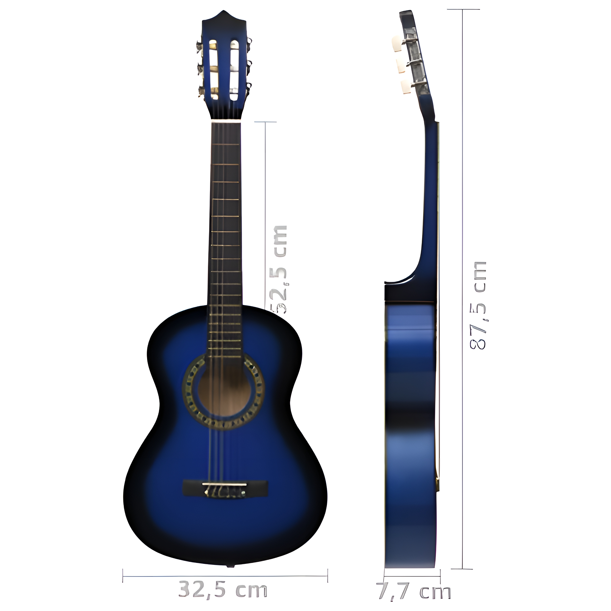 Eine blau-schwarze Akustikgitarre mit markierten Abmessungen, vor weißem Hintergrund.