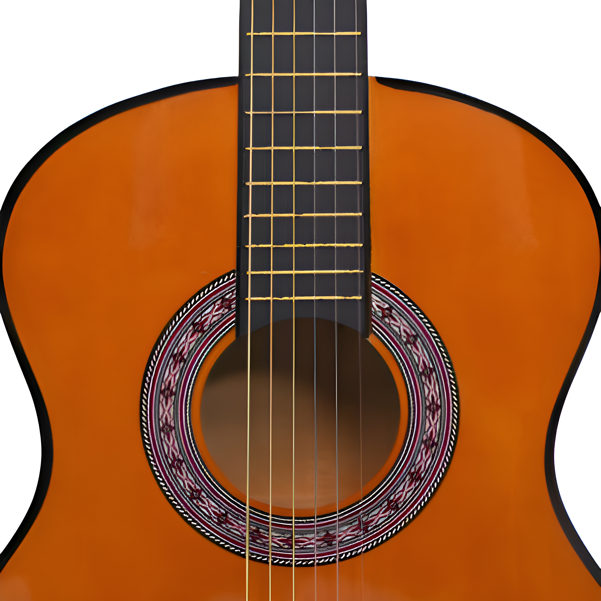 Klassische Gitarre mit orangefarbenem Korpus, schwarzem Hals und Schalllochdesign.