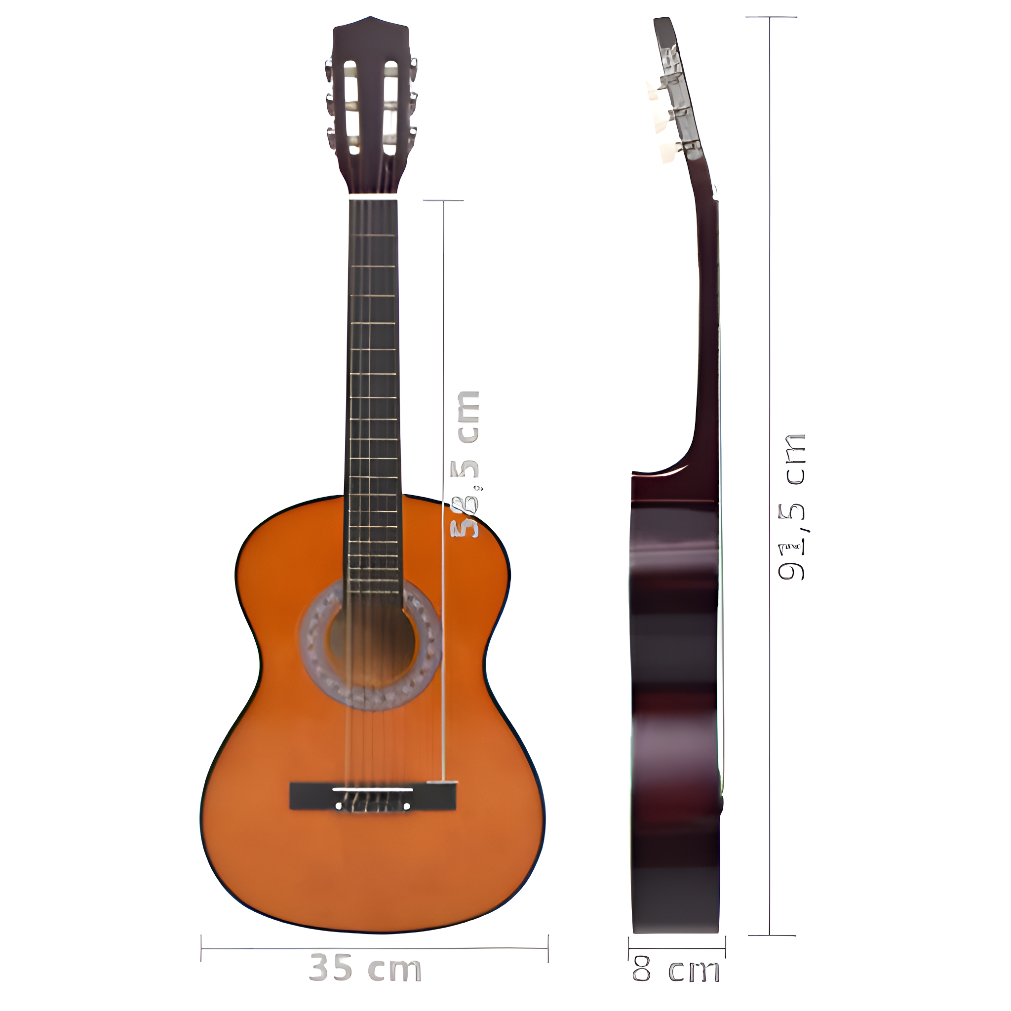 Eine braune Akustikgitarre mit Abmessungen. Die Gitarre befindet sich auf weißem Hintergrund.