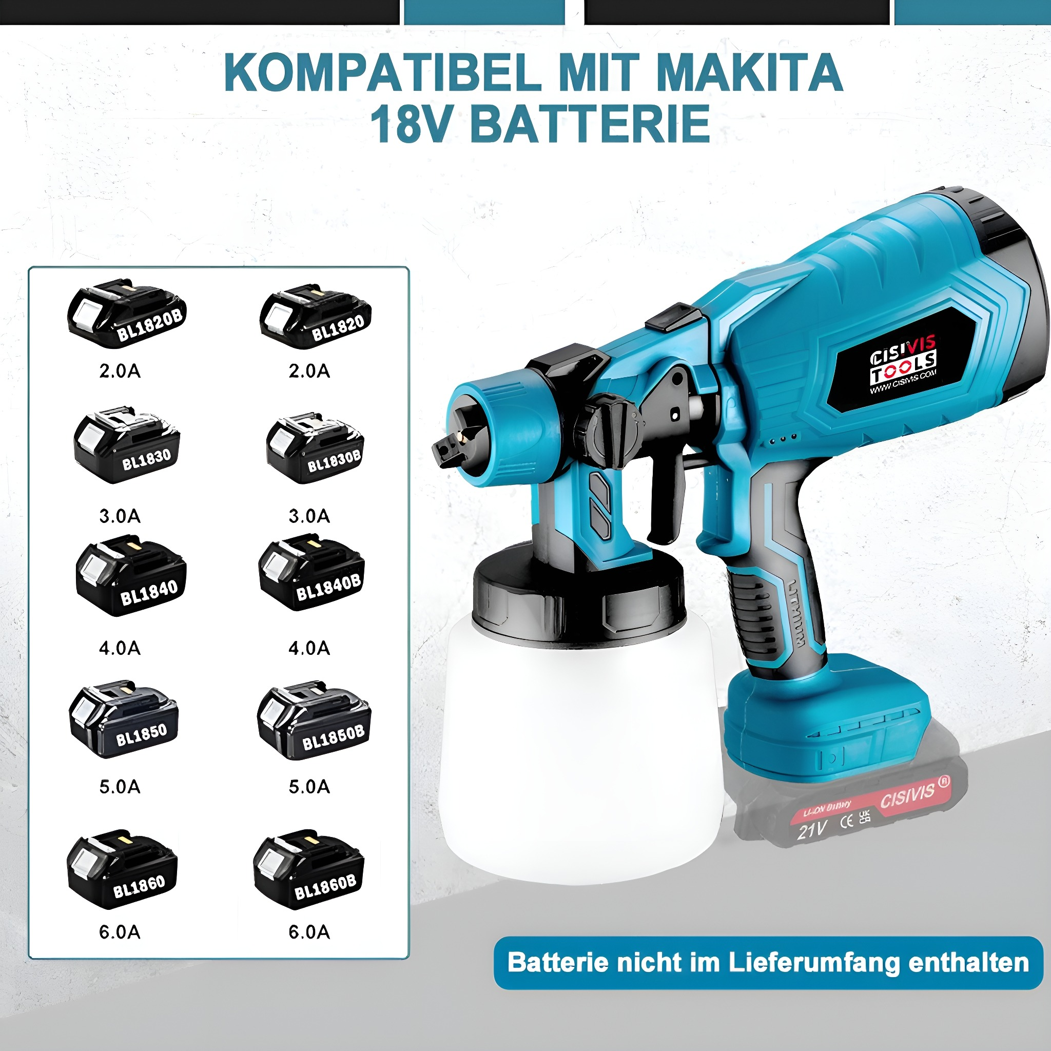 Eine blaue Spritzpistole und mehrere schwarze Batterien. Text: 'KOMPATIBEL MIT MAKITA 18V BATTERIE'. Batterien nicht enthalten.