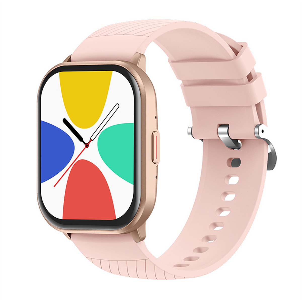 Smartwatch mit pinkfarbenem Armband und farbenfrohem Display. Isoliert auf weißem Hintergrund.