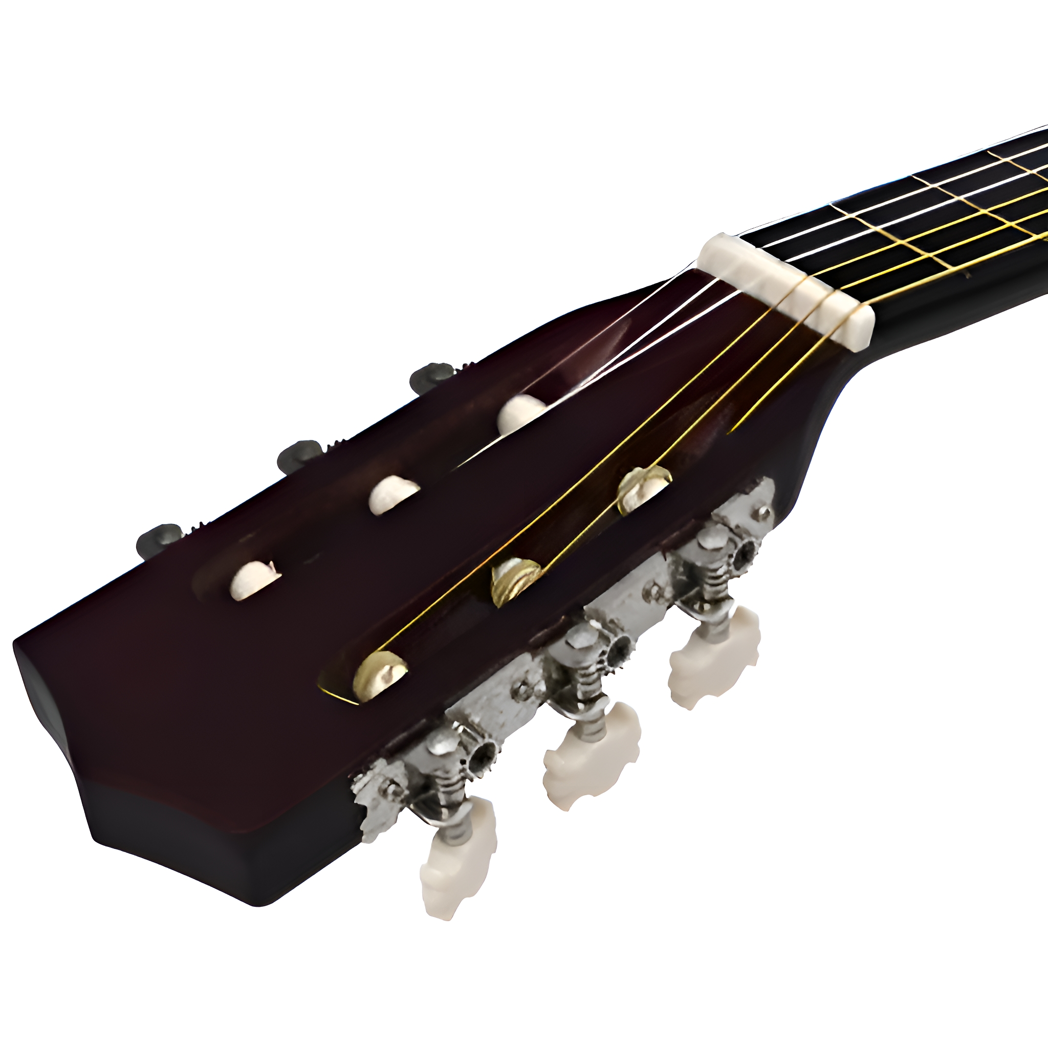 Nahaufnahme der Kopfplatte einer Gitarre. Sie ist dunkelbraun mit weißen Stimmwirbeln und Saiten.