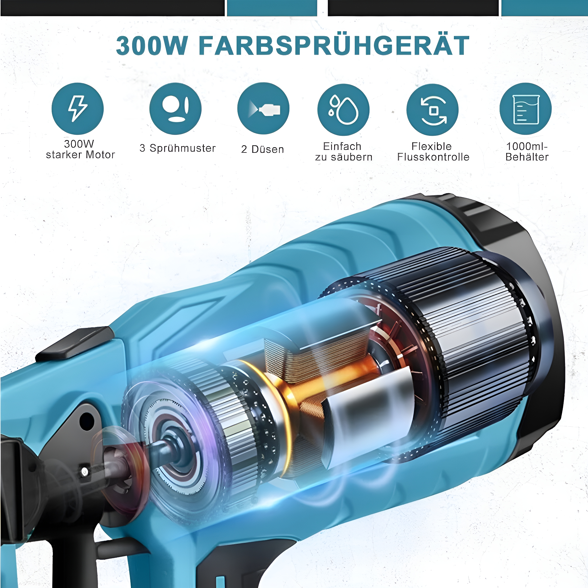 Blau-schwarzes Farbsprühgerät. Enthält Motor, Sprühdüse und 1000ml Behälter. Weißer Hintergrund.
