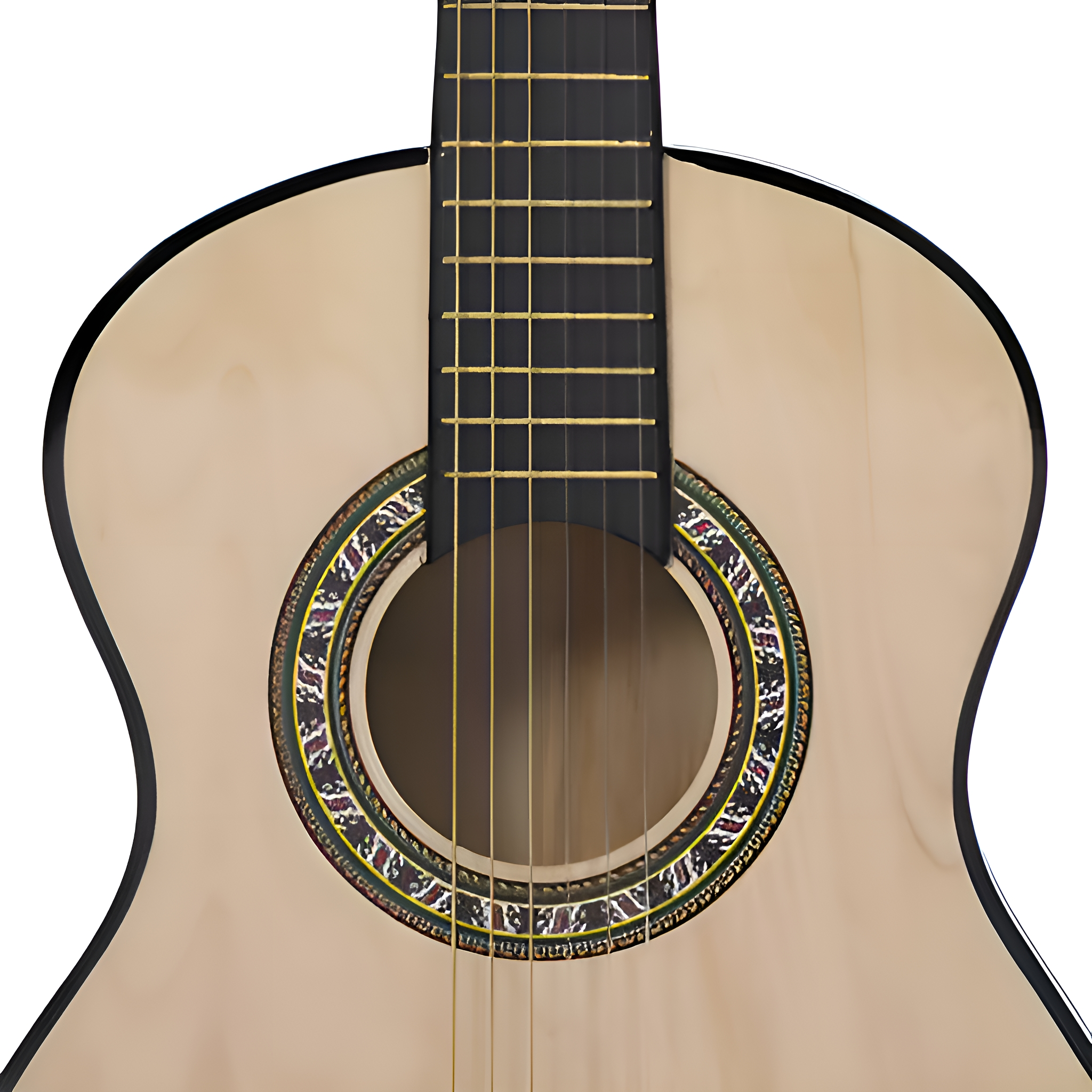 Nahaufnahme des Gitarrenkörpers. Das Schallloch hat einen dekorativen Rand.