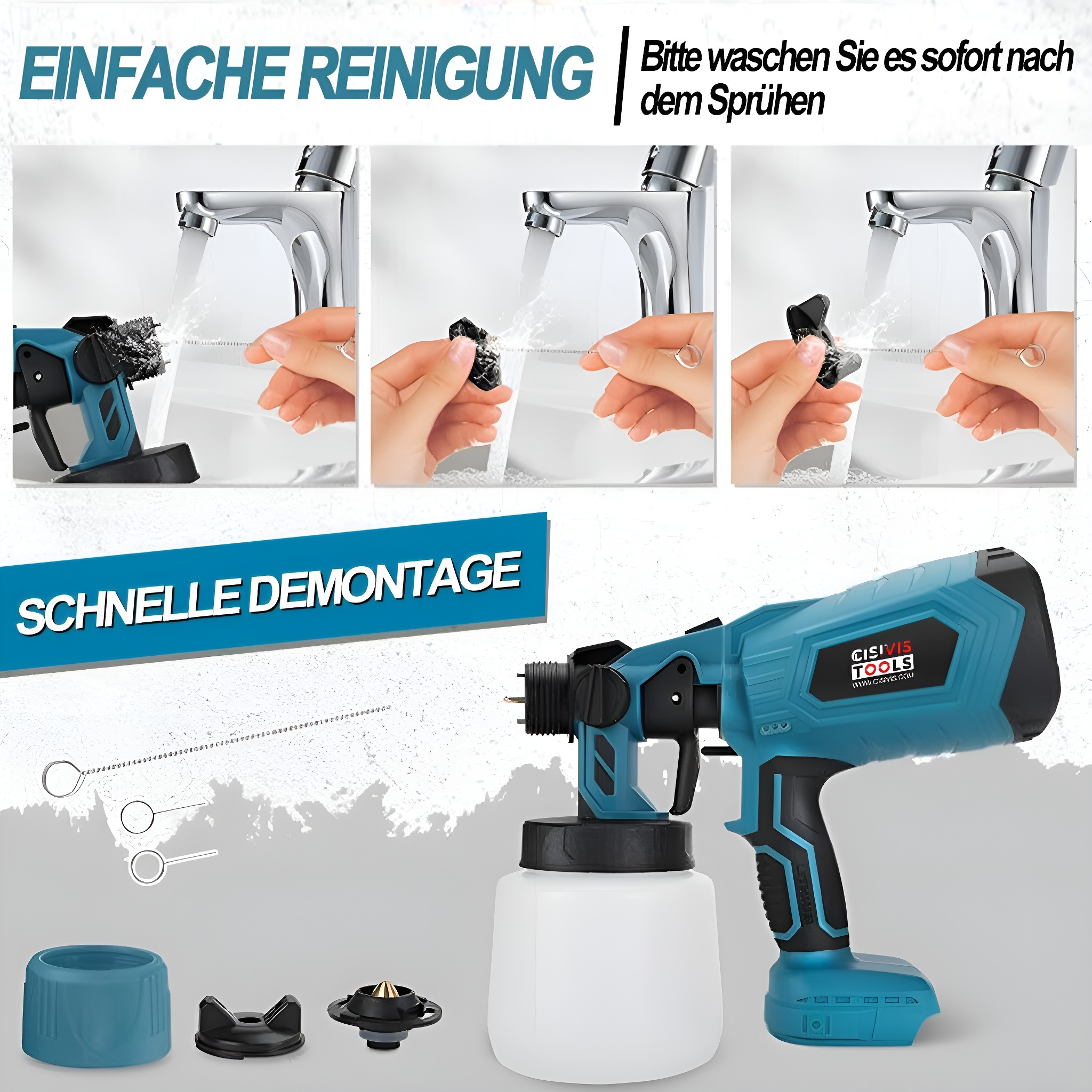 Bilder zeigen, wie ein Farbsprühgerät zerlegt, gereinigt und Teile ausgelegt werden.