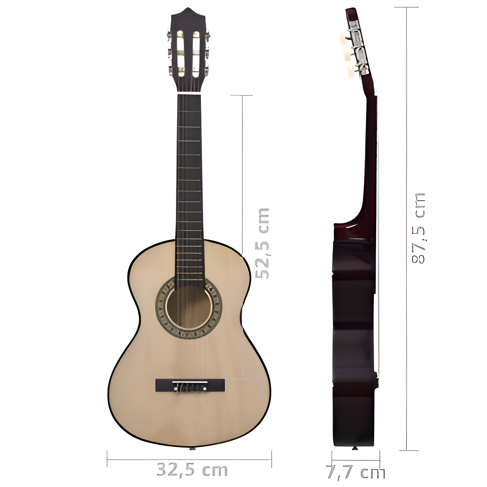 Eine klassische Gitarre, heller Holzkörper, dunkler Holzhals. Maße sind neben der Gitarre angezeigt.