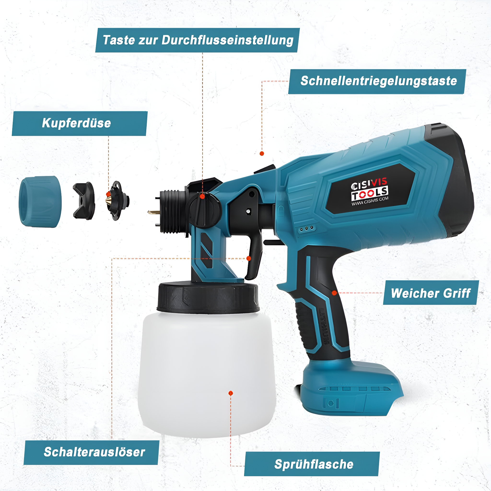 Eine blaue und schwarze Spritzpistole mit beschrifteten Teilen. Enthält eine Düse, einen Auslöser und einen Behälter.