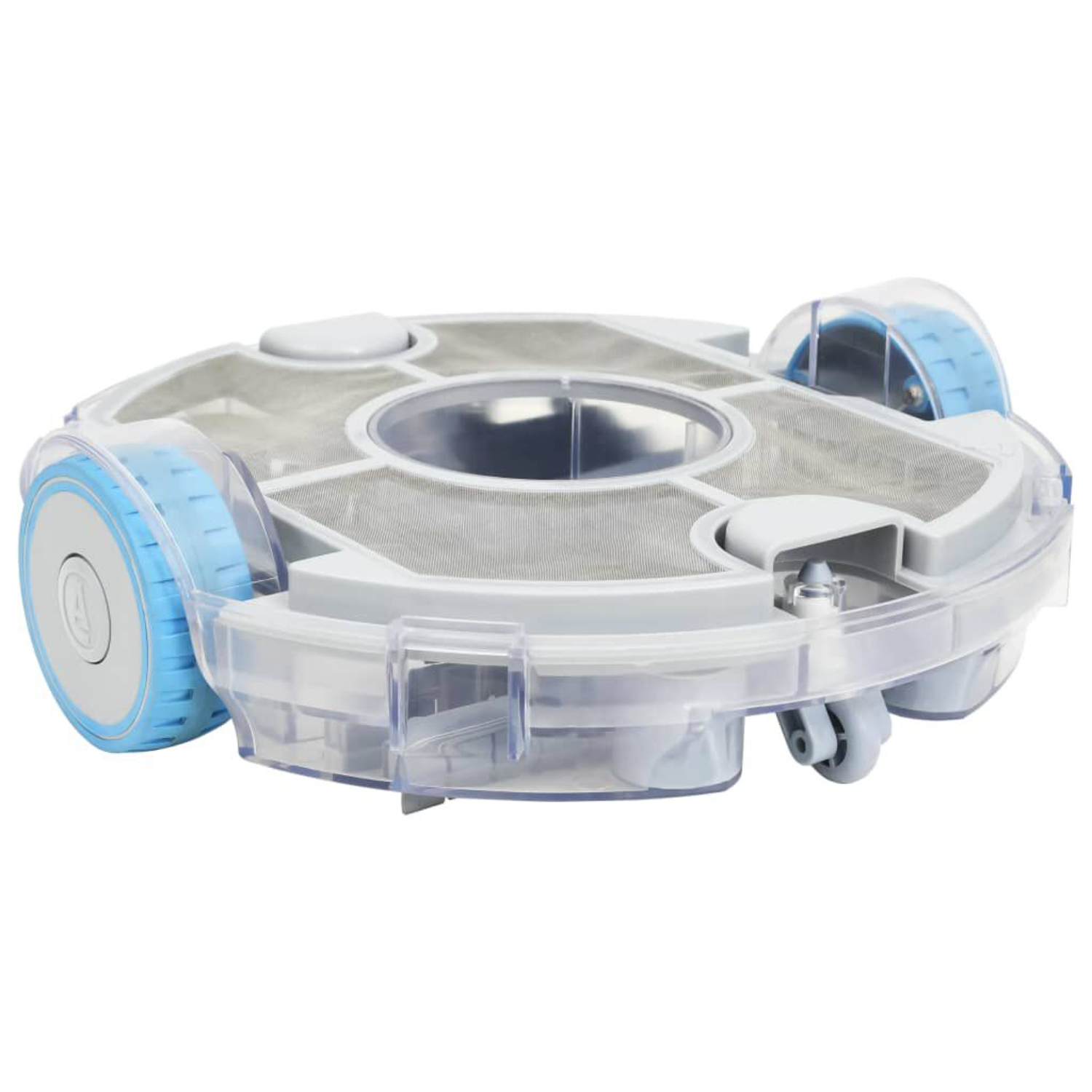 Ein klarer, ovaler Roboter-Staubsauger mit blauen Rädern und Akzenten.