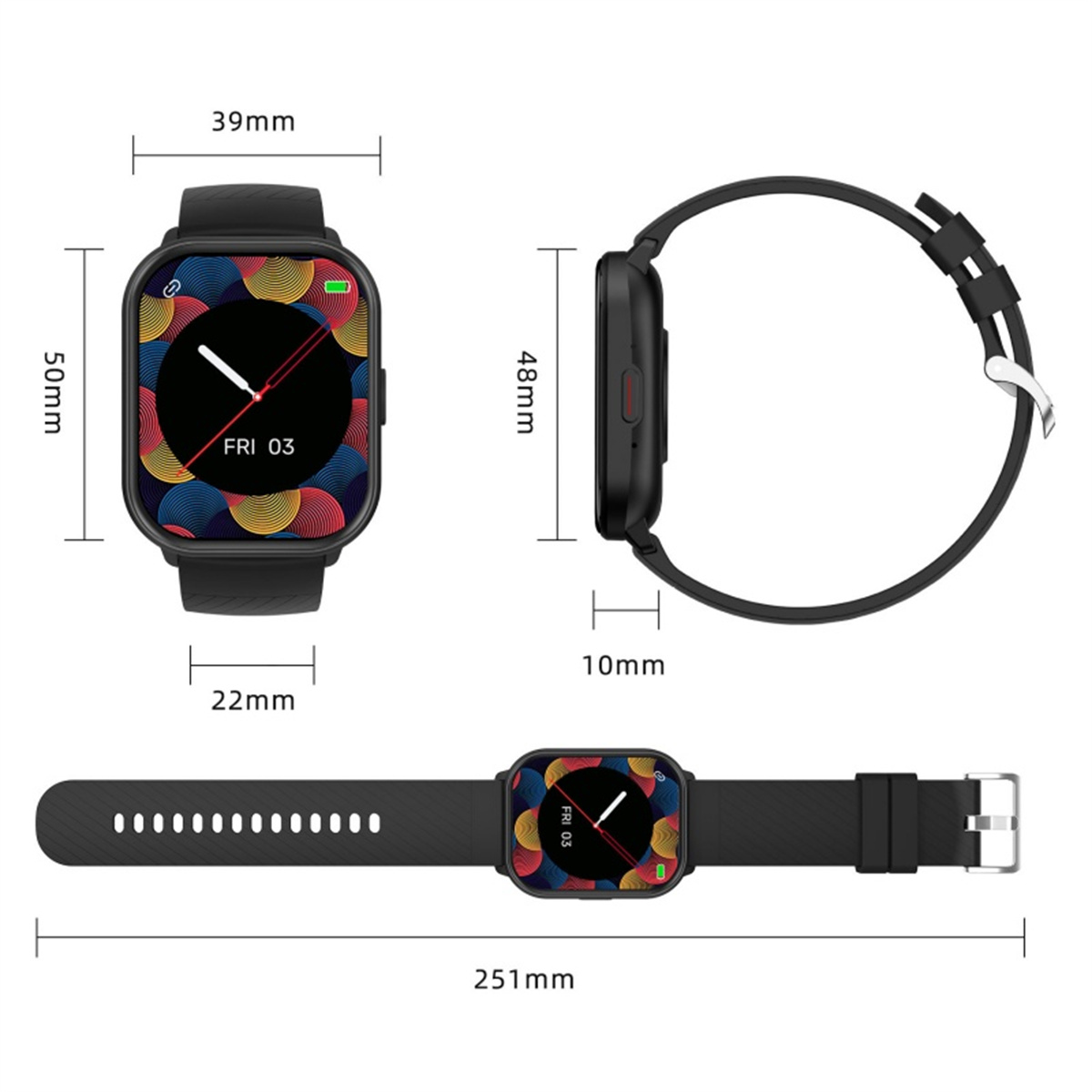 Schwarze Smartwatch mit Farbbildschirm. Abmessungen: 50x39x10mm, Armbandlänge 251mm.