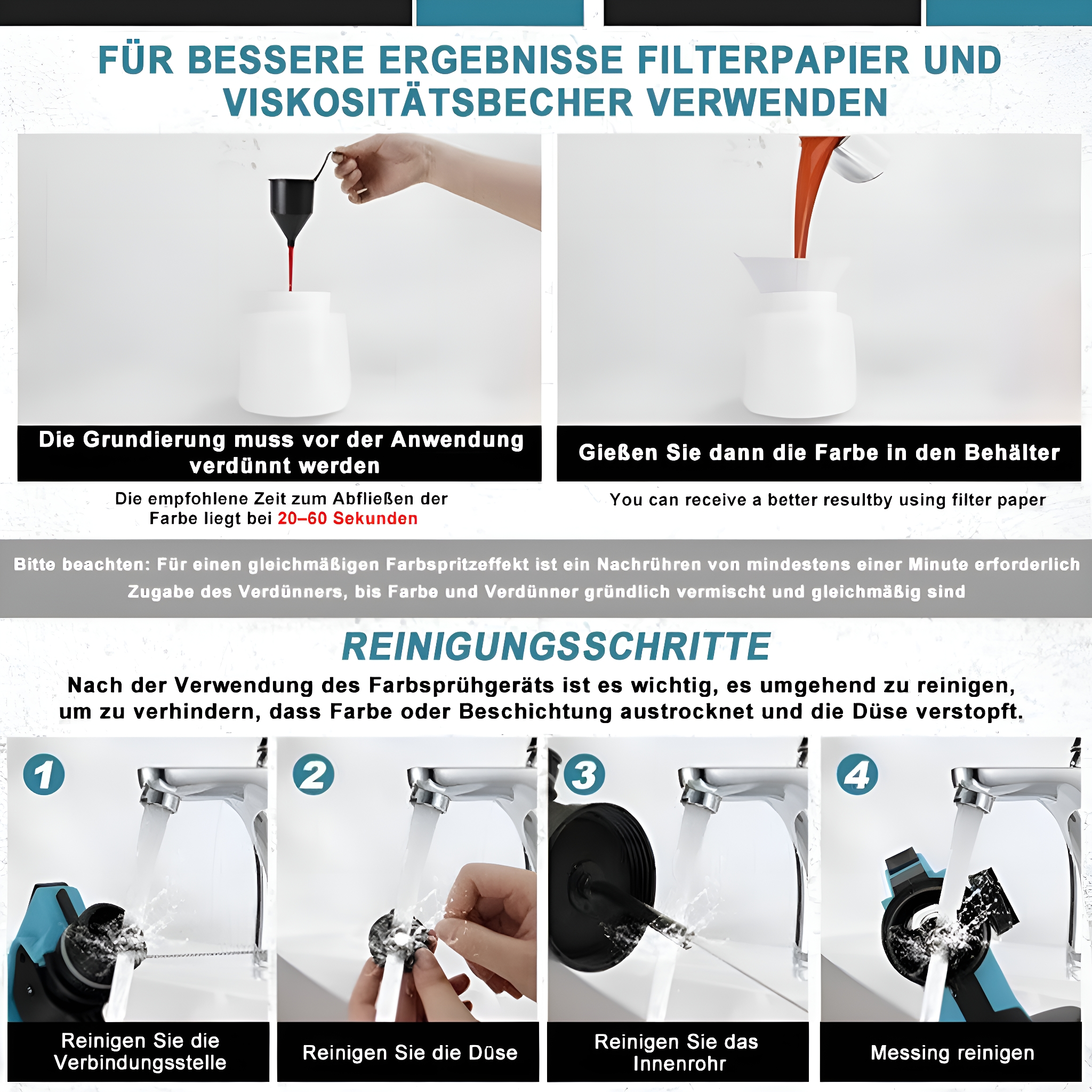 Schritte zur Verwendung einer Spritzpistole. Anweisungen werden mit Text und Bildern zum Mischen und Reinigen gezeigt.
