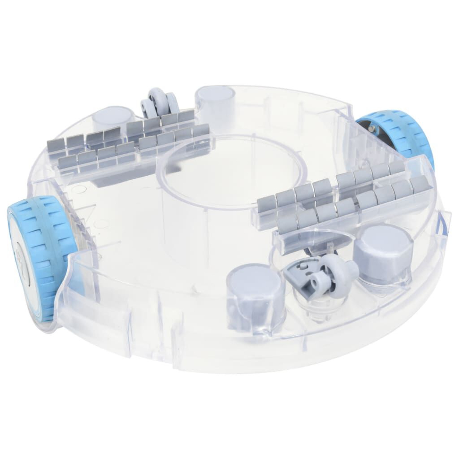 Transparente Basis eines Roboter-Staubsaugers mit Rädern und Bürsten, auf weißem Hintergrund.