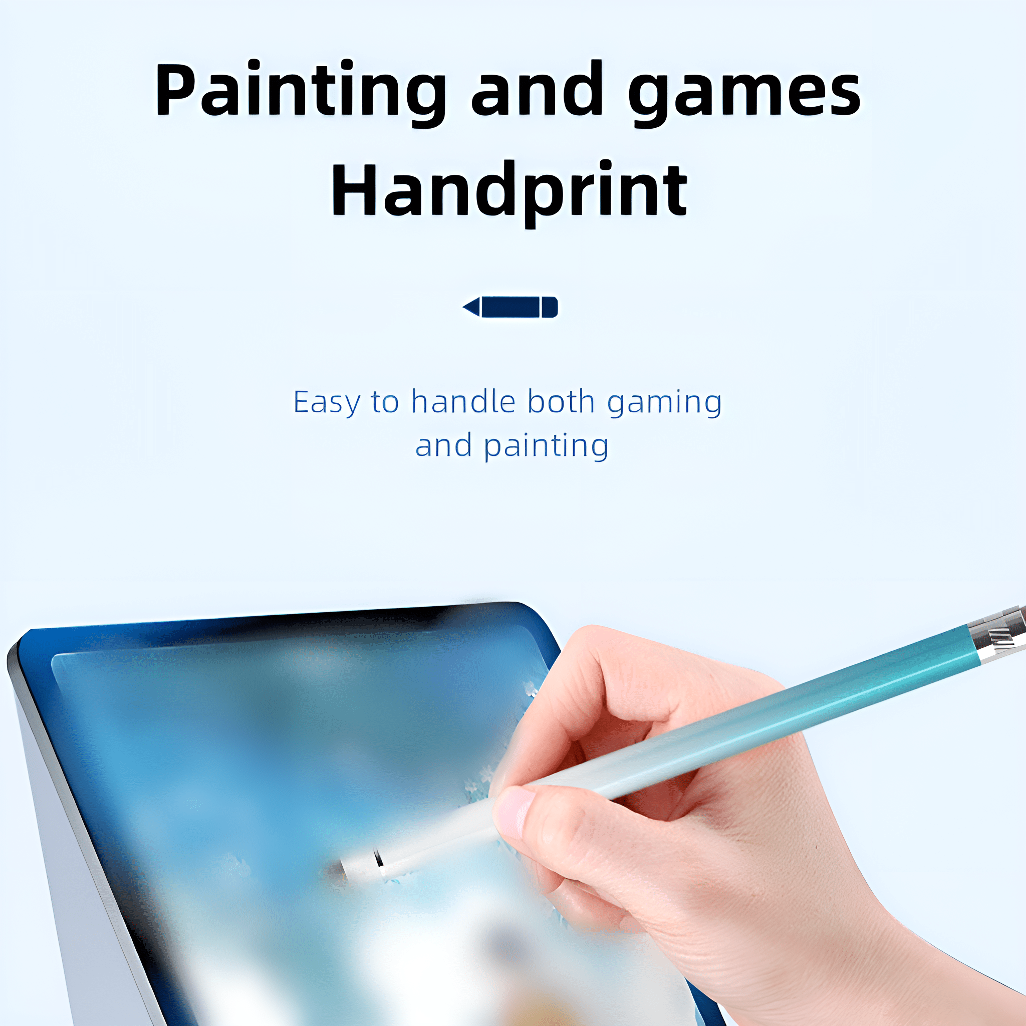 Eine Hand hält einen Stift über einem Tablet mit Text: Malen und Spielen. Einfach zu handhaben, sowohl beim Spielen als auch beim Malen.