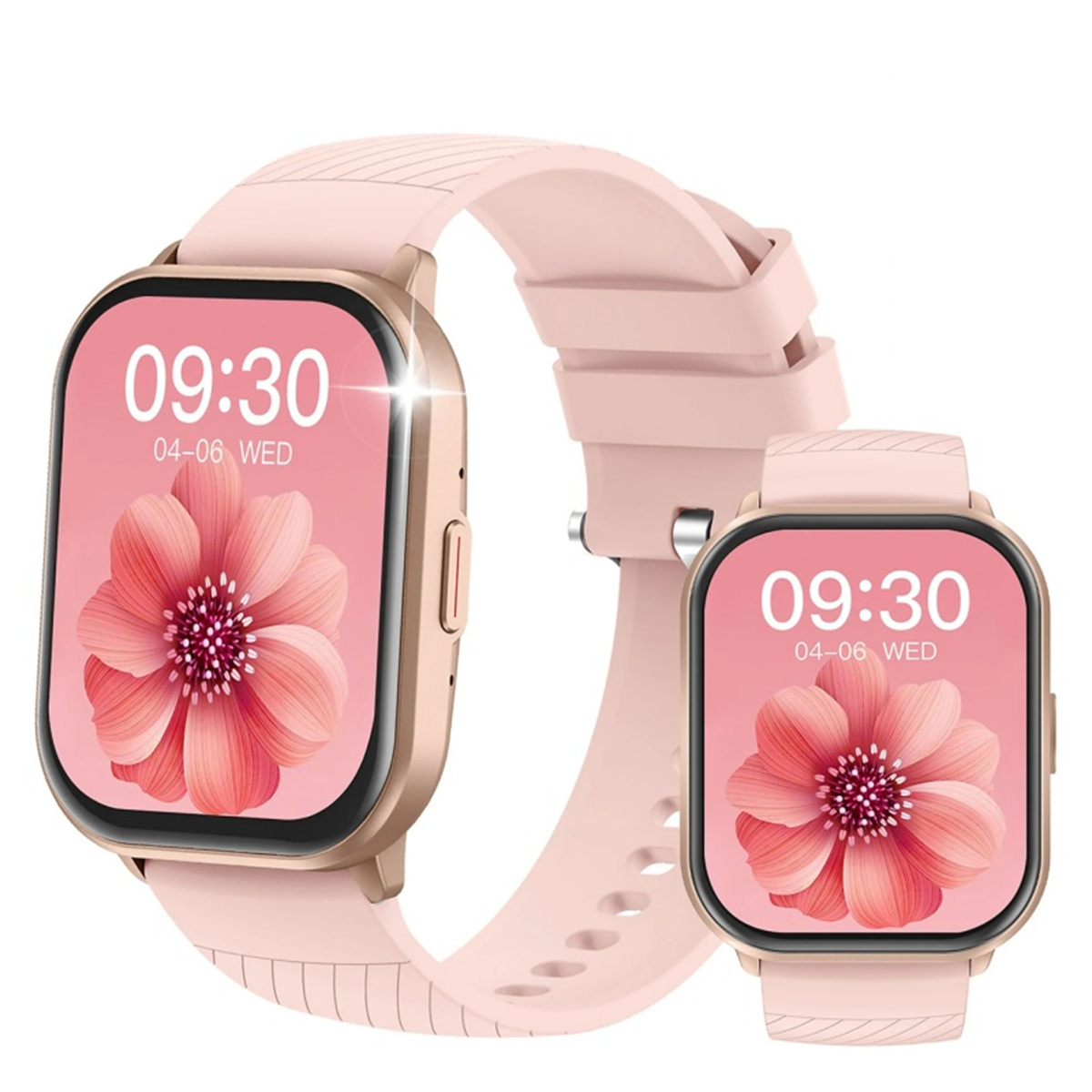 Zwei Smartwatches, roségoldfarben, zeigen Zeit und Blumendesign. Rosa Armbänder.