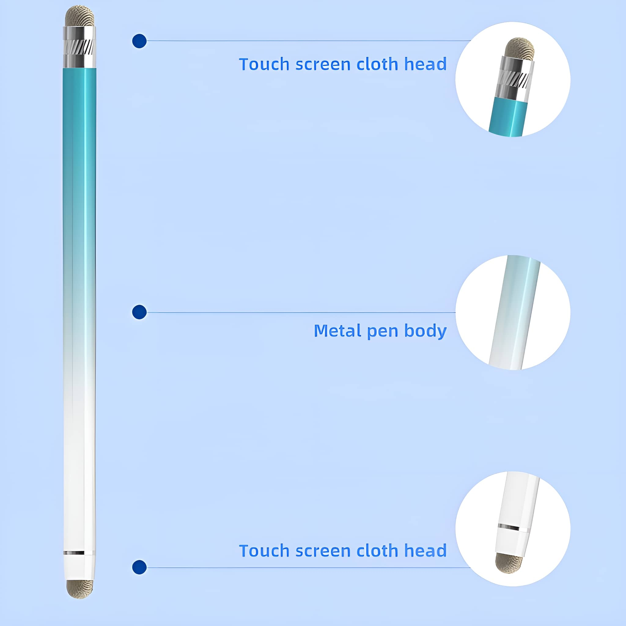 Stylus-Stift mit blau-weißem Farbverlauf, beschriftet mit Touchscreen-Tuchkopf und Metallstiftkörper.