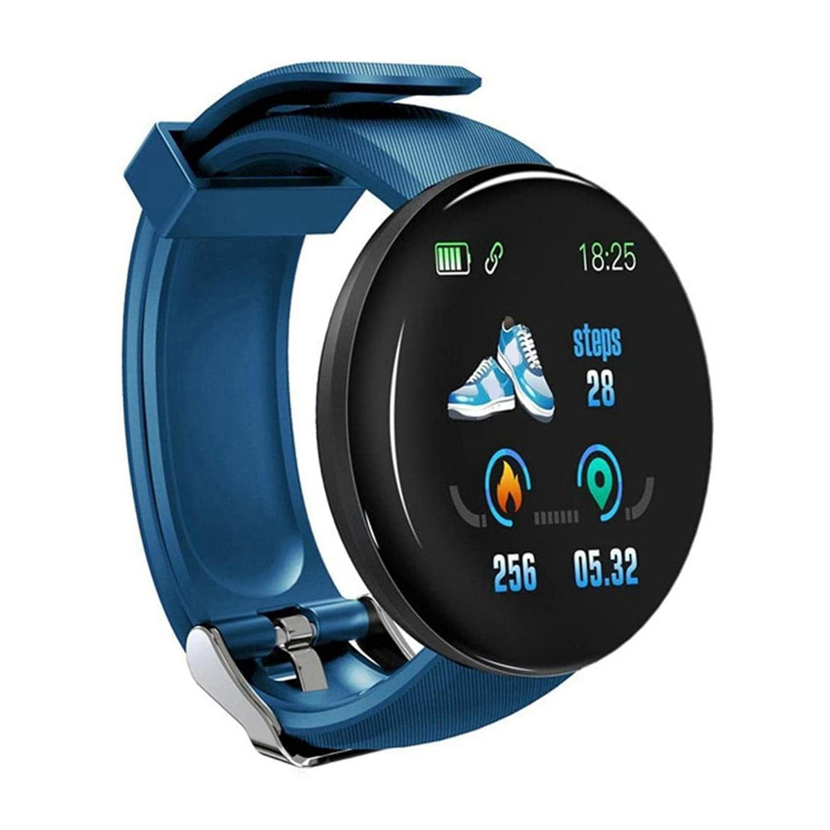 Blaue Smartwatch mit Zeit, Schritten und Gesundheitsmetriken.