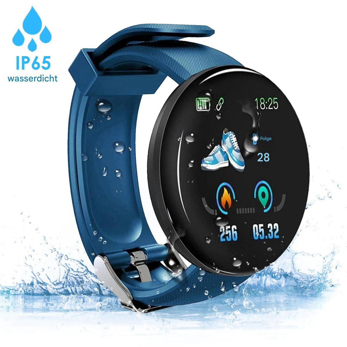 Eine blaue Smartwatch mit digitaler Anzeige, die Zeit, Schritte und Herzfrequenz anzeigt.