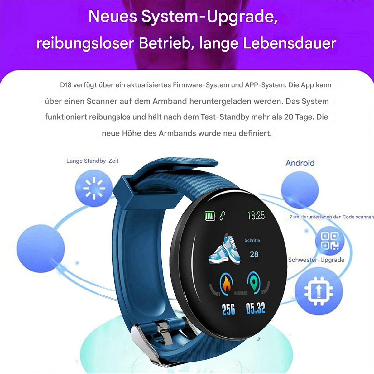 Eine blaue Smartwatch, die die Uhrzeit, Schritte und ein Schuhsymbol anzeigt. Ein blaues Armband und ein schwarzer Bildschirm sind sichtbar.