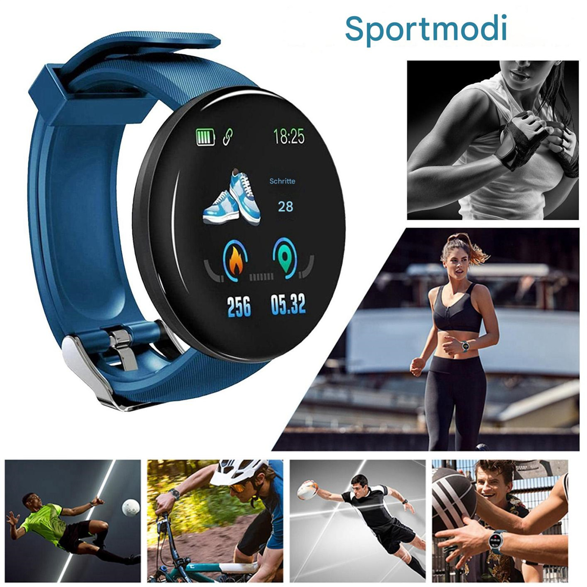 Smartwatch an blauem Armband, mit Symbolen und Sportlern. Text: Sportmodi.