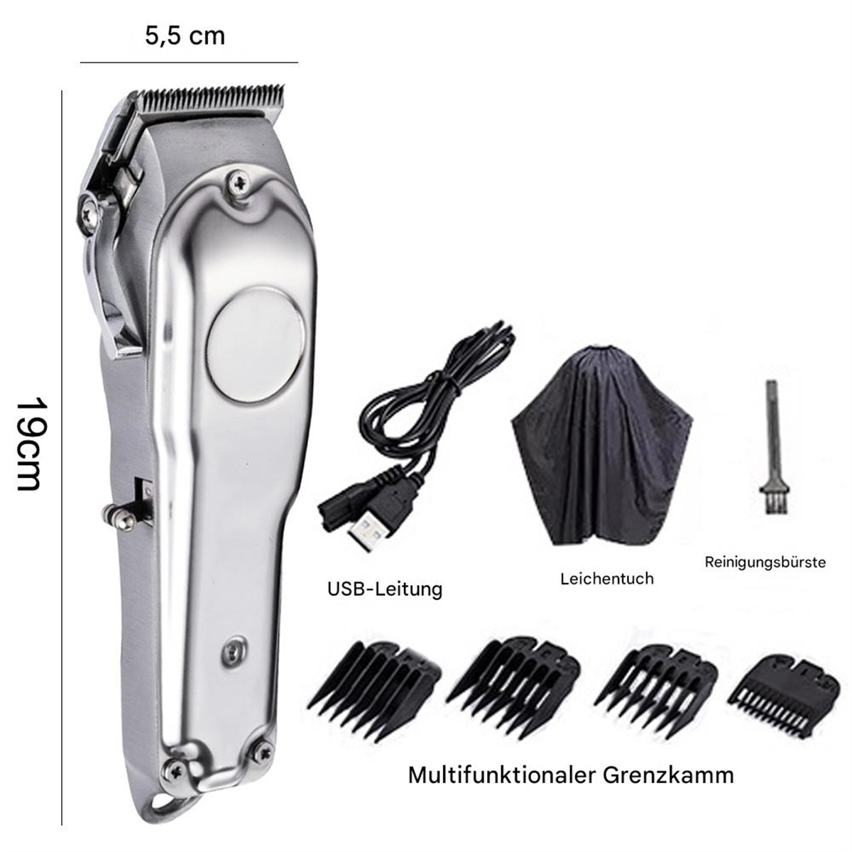 Silberner und schwarzer Haarschneider mit Zubehör: USB-Kabel, Umhang und Kämme auf weißem Hintergrund.