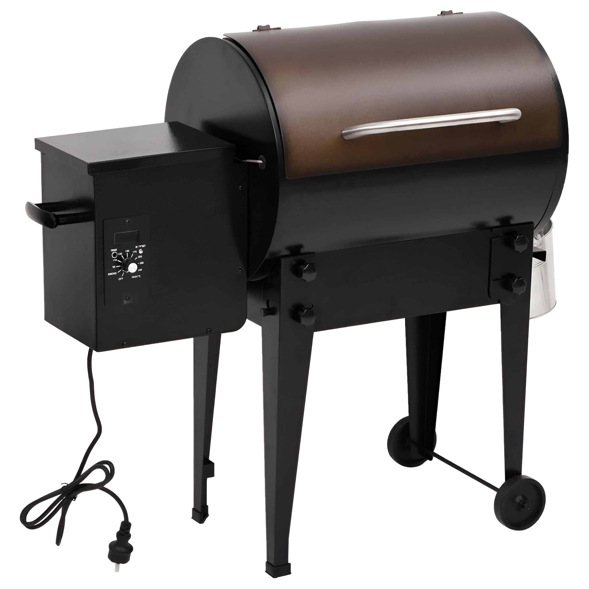 Ein schwarz-brauner Smoker-Grill mit Bedienfeld und Rädern.