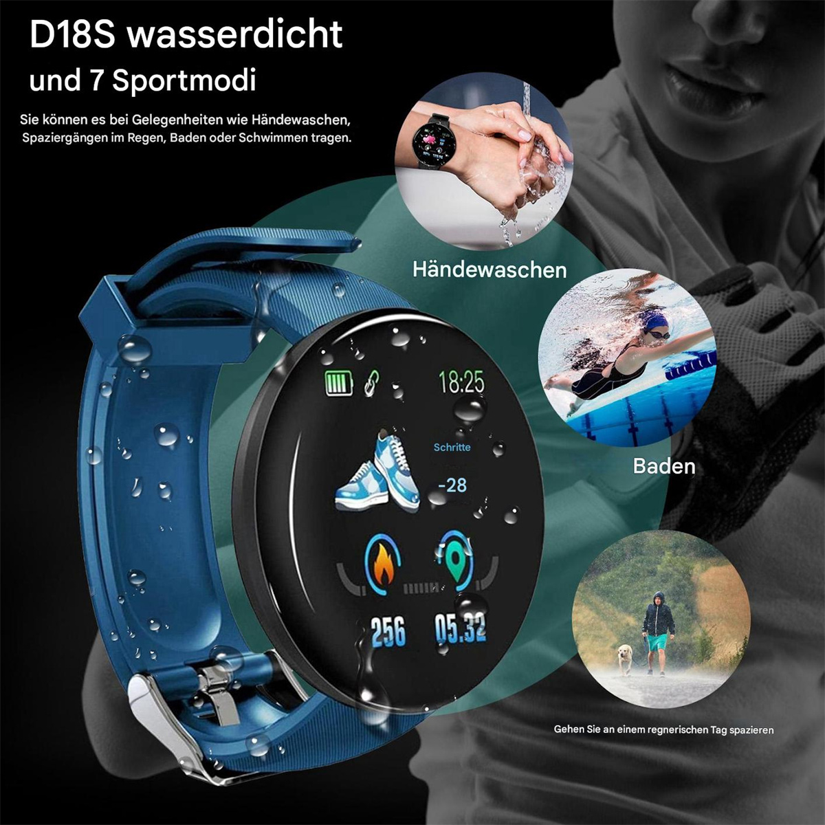 Eine blaue Smartwatch mit schwarzem Bildschirm, die Aktivitätsdaten anzeigt. Enthält Bilder von Händewaschen, Schwimmen und Spazierengehen.