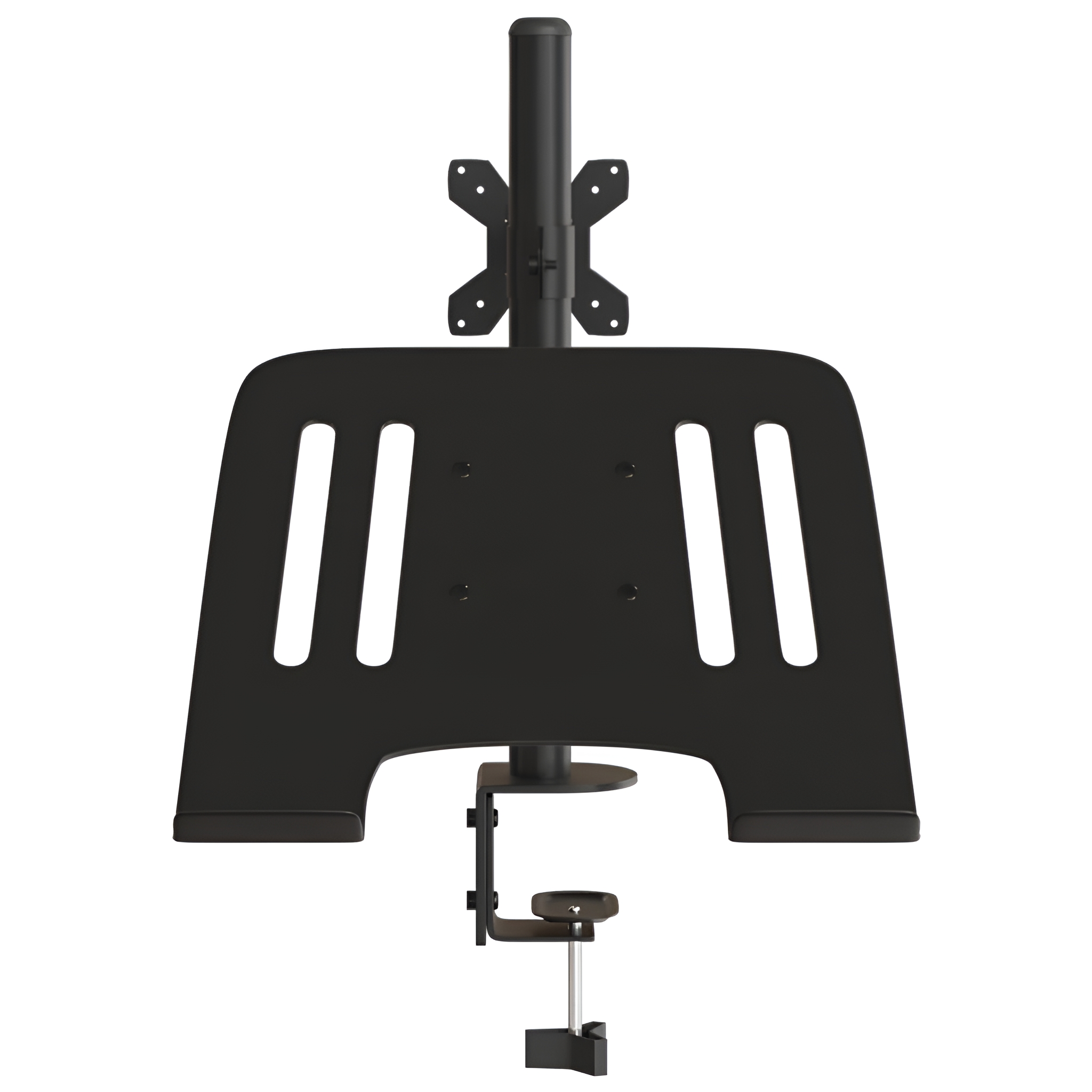Eine schwarze Monitorhalterung mit Klemme, Sockel und verstellbarem Arm vor weißem Hintergrund.
