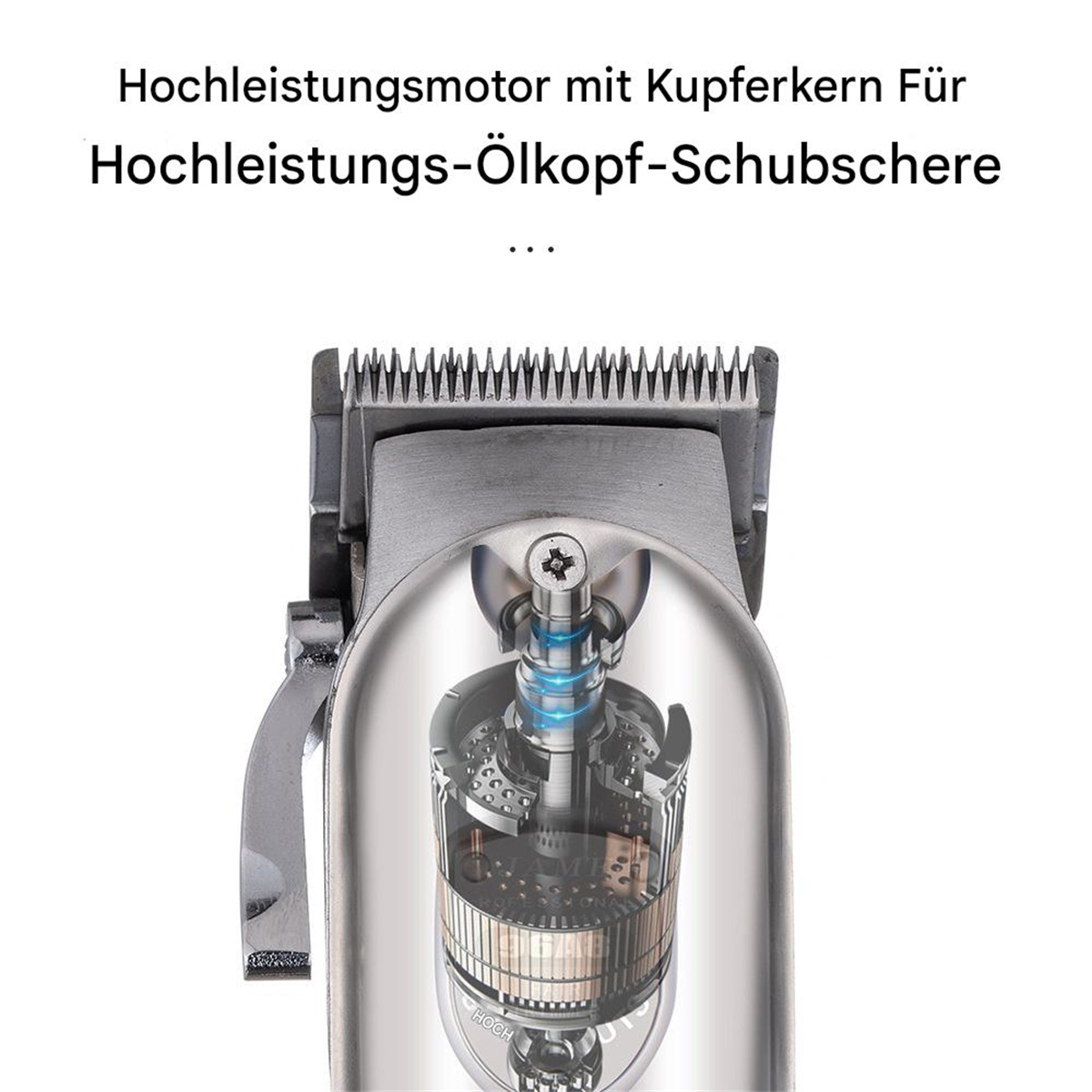 Elektrischer Haarschneider. Der innere Mechanismus des Clippers ist sichtbar. Der Clipper ist vor weißem Hintergrund.