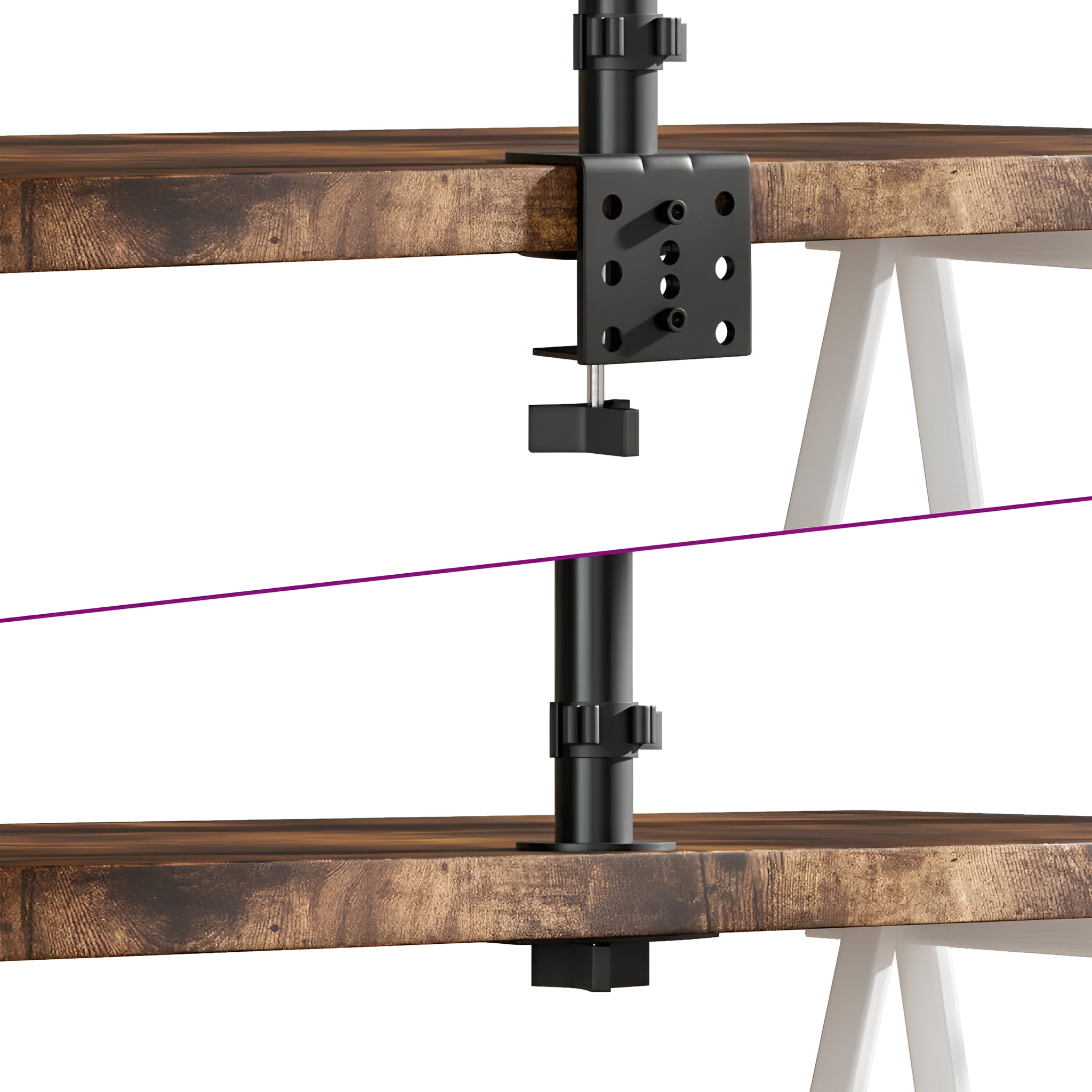 Zwei Nahaufnahmen einer schwarzen Monitorhalterung, die an einem Holzschreibtisch befestigt ist.