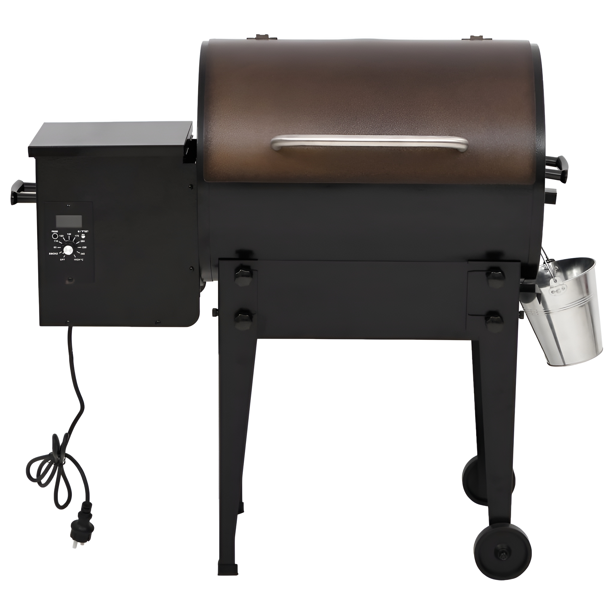 Ein schwarz-brauner Grill. Er hat ein Bedienfeld, eine Seitenablage und einen Eimer. Er steht auf Rädern.