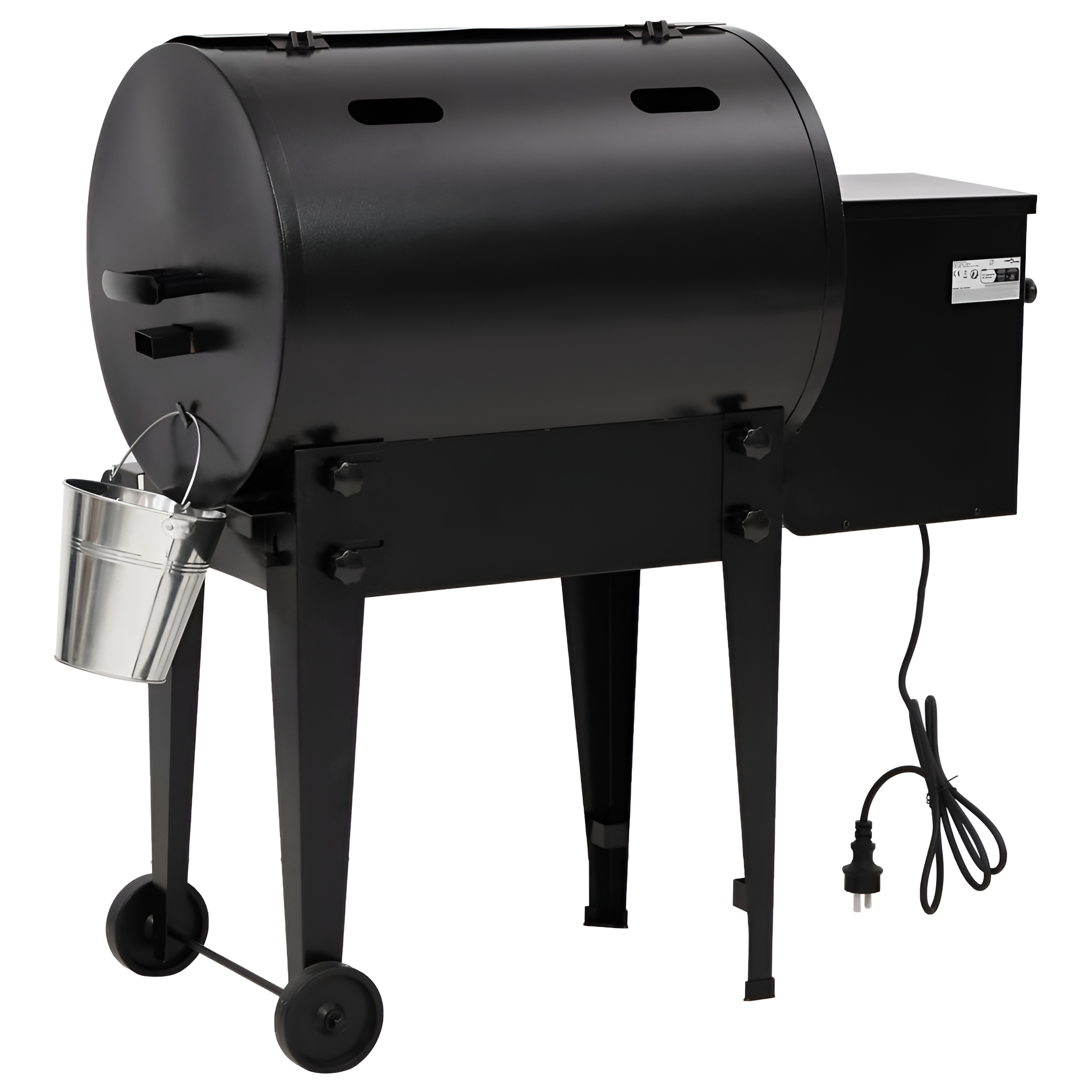 Schwarzer Smoker-Grill mit Eimer, Seitenbox und Rädern. Netzkabel und Beine sind sichtbar.