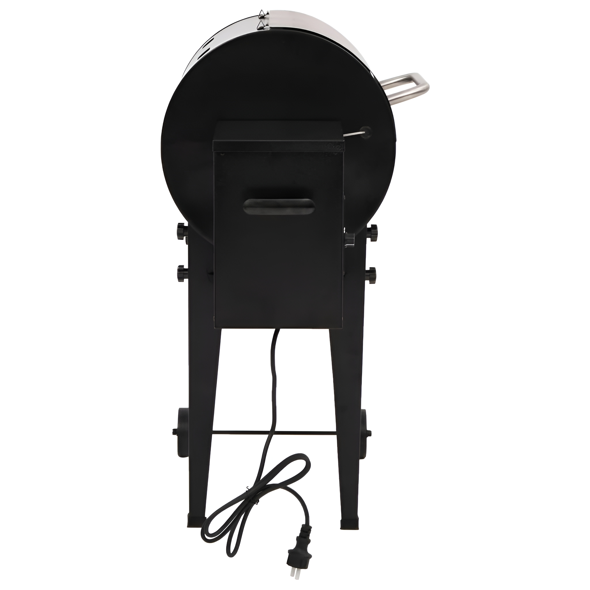 Schwarzer Smoker-Grill mit Netzkabel, freigestellt auf weißem Hintergrund.