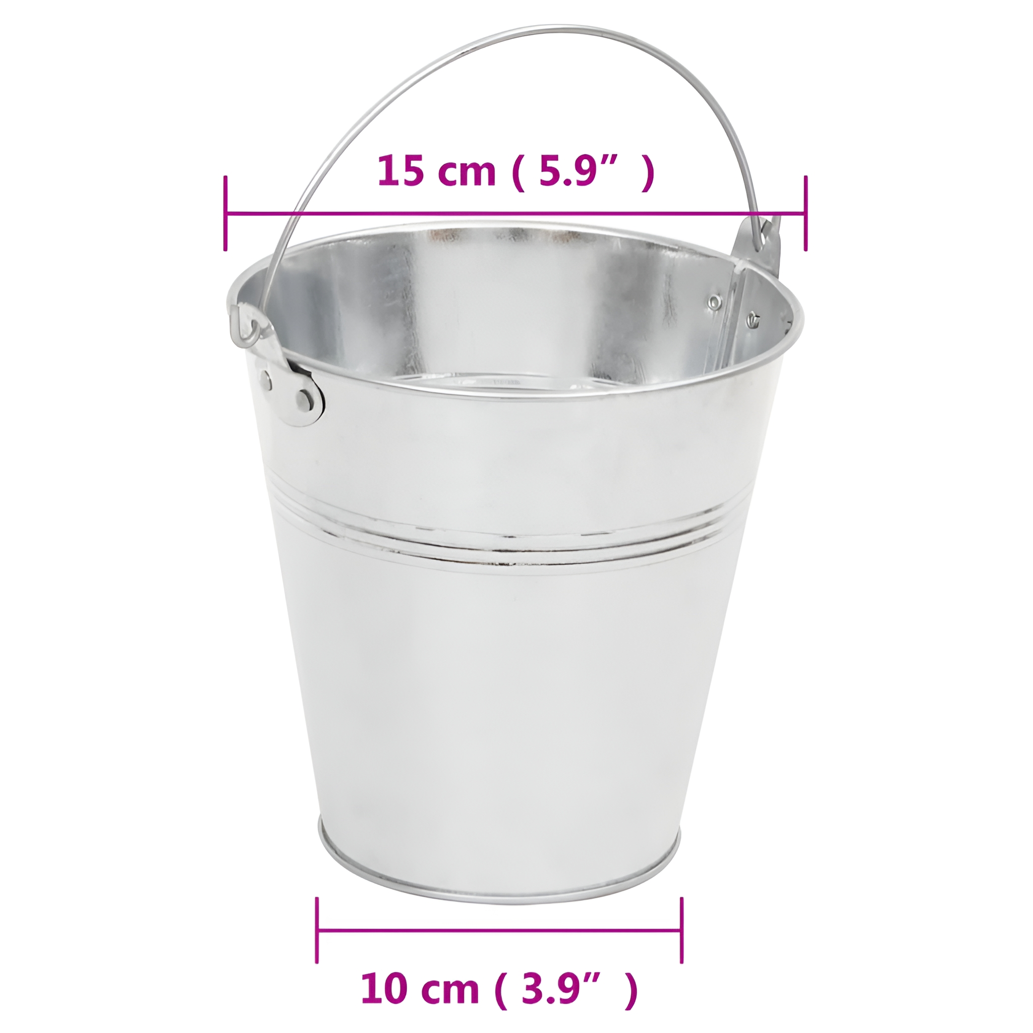 Ein kleiner, silberner Eimer mit Henkel. Abmessungen: 15cm (5,9") x 10cm (3,9").