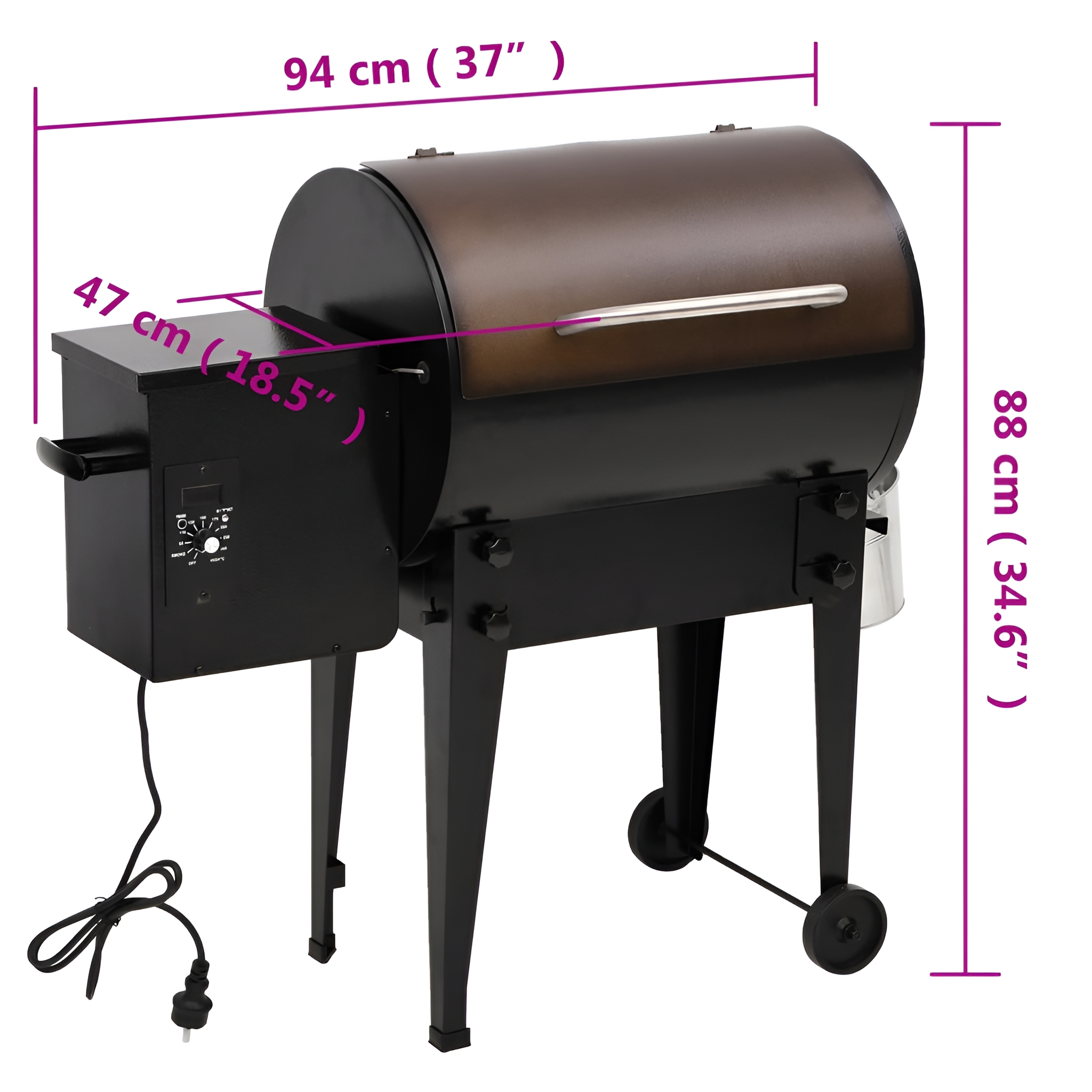 Ein schwarz-brauner Fassgrill mit Abmessungen. Er hat einen Griff an der Seite und zwei Räder.