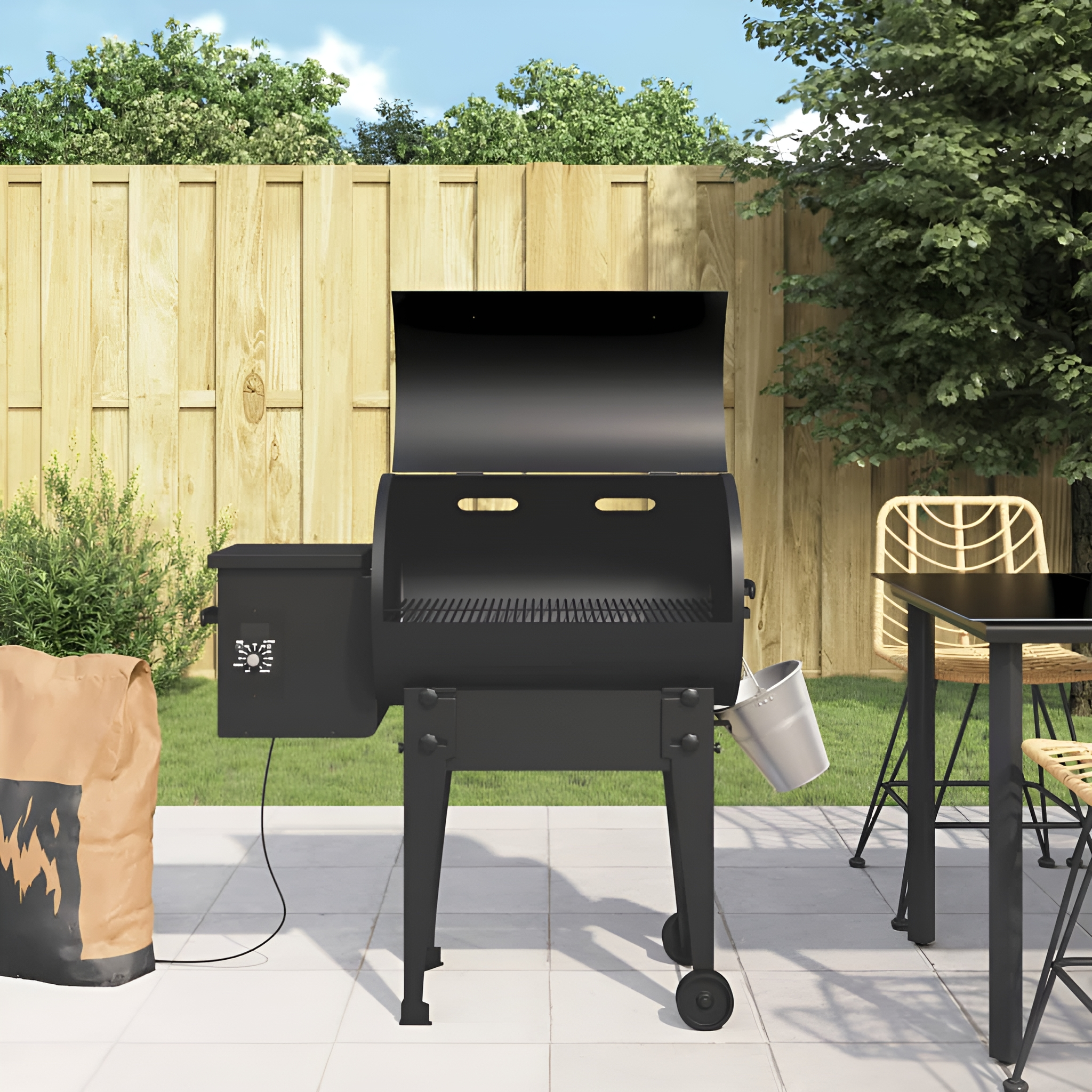 Ein schwarzer Grill auf einer Terrasse, mit Holzkohlesack und weißem Eimer.