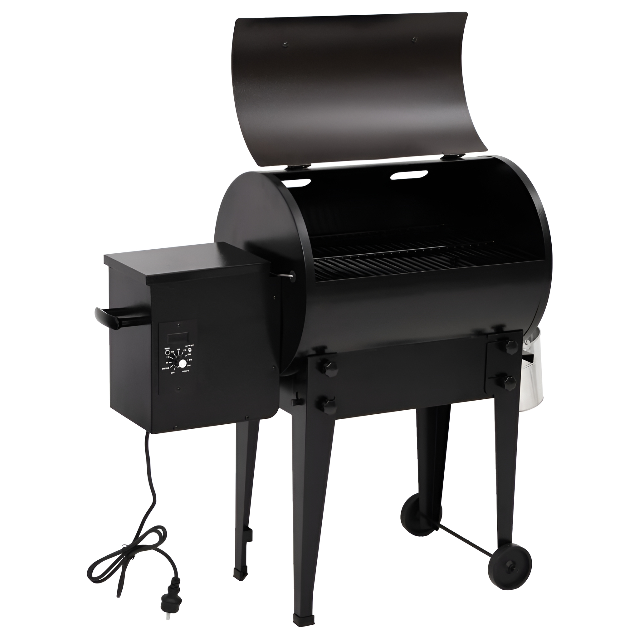 Ein schwarzer Grill mit offenem Deckel, schwarze Box links, Beine und Räder.