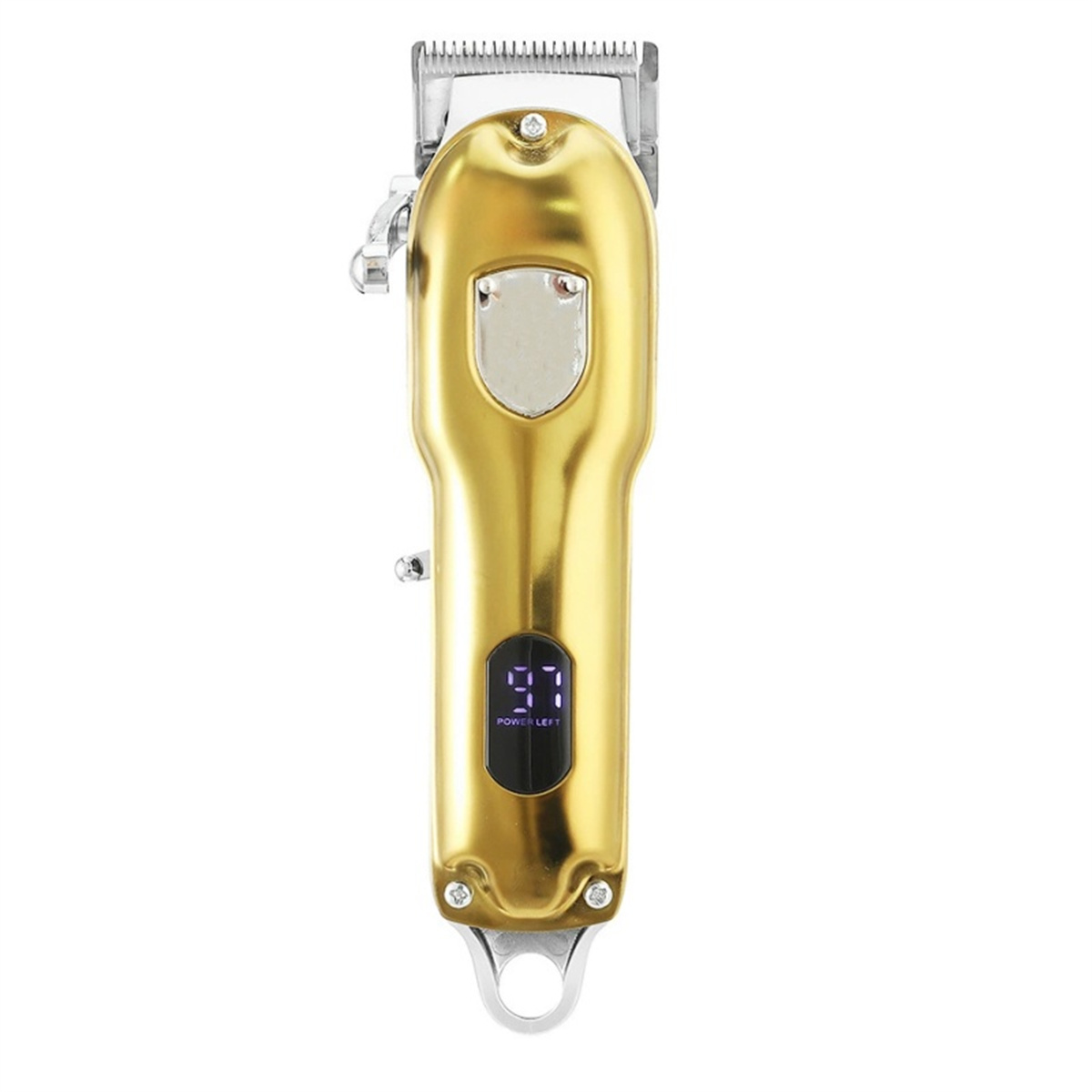 Ein goldener Haarschneider. Er hat eine digitale Anzeige, die 'Restleistung' anzeigt, und eine silberne Taste. Der Haarschneider ist neu.
