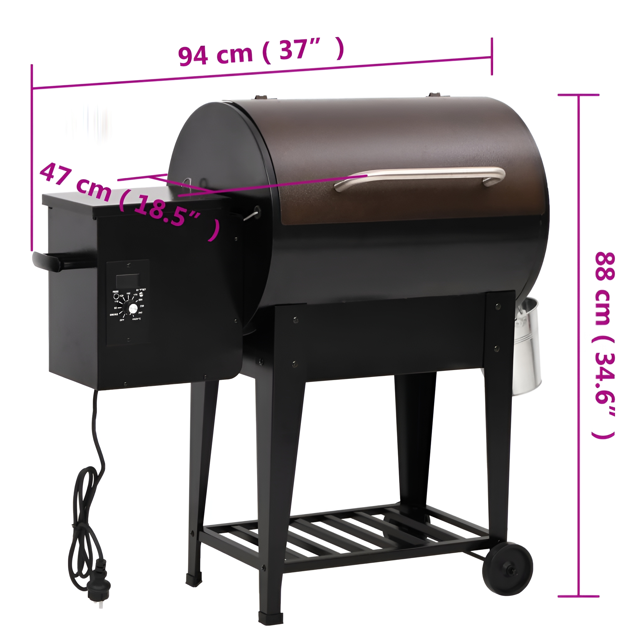 Großer schwarz-brauner Grill mit Abmessungen, Seitenpaneel und Rauchfang.