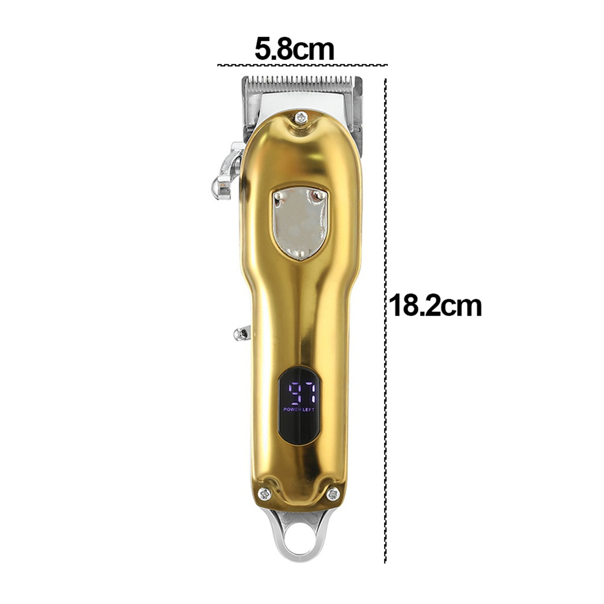 Ein goldener Haarschneider mit angezeigten Abmessungen. Er hat einen LCD-Bildschirm und ist eingeschaltet.