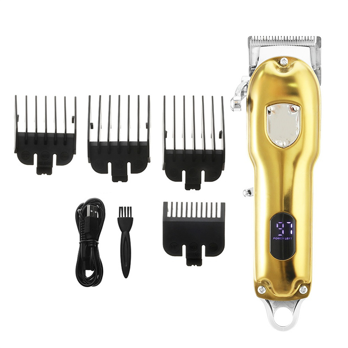 Ein goldener Haarschneider mit Display und verschiedenen Kämmen und Zubehör zum Haareschneiden.