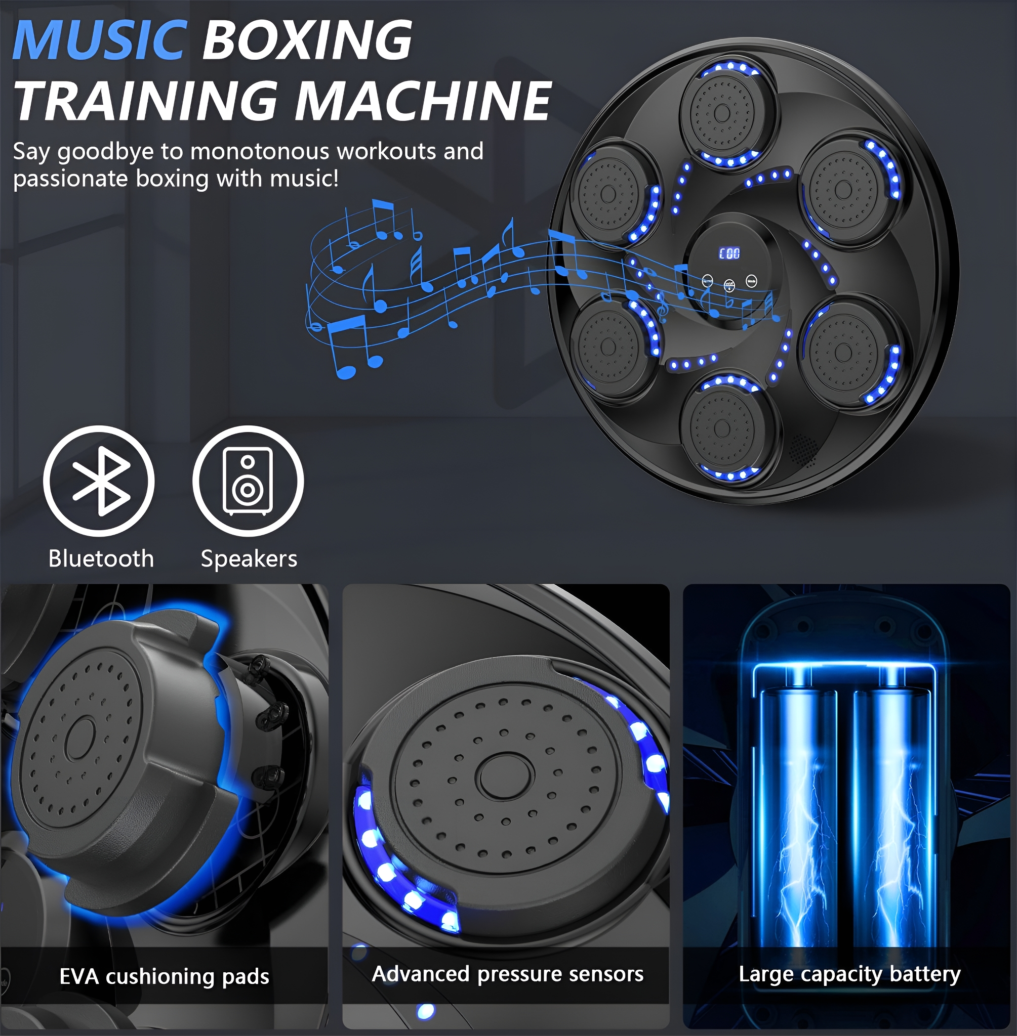 Box-Trainingsmaschine mit blauen Lichtern, Bluetooth und Lautsprechern, plus Nahaufnahmen von Komponenten.