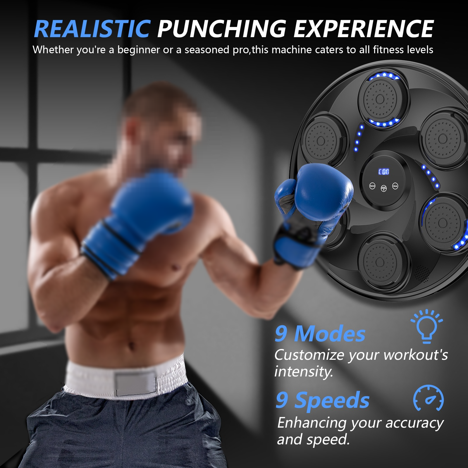 Boxer mit blauen Handschuhen schlägt auf Ziel, mit Trainingsmaschine.