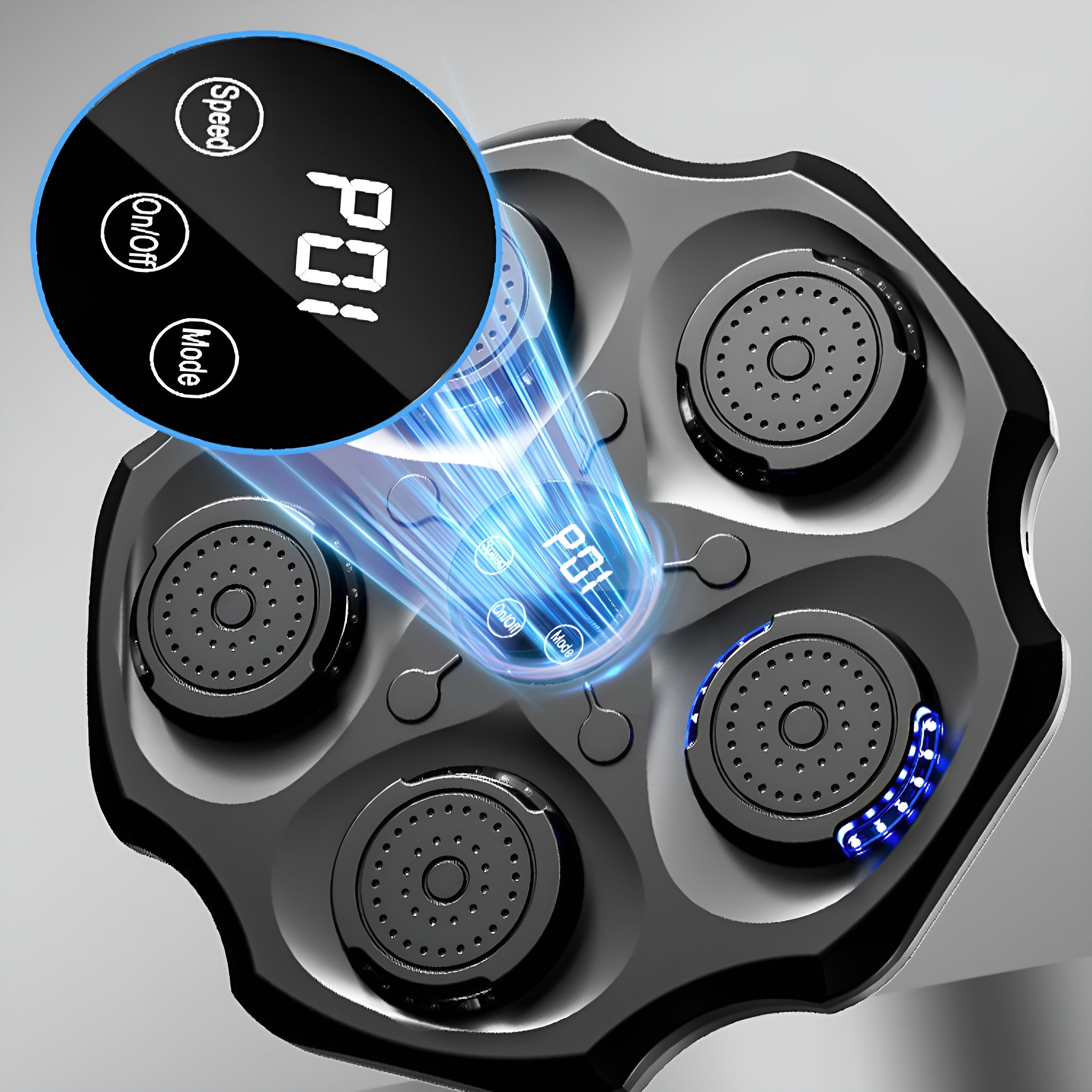 Schwarzes Massagegerät mit kreisförmigem Design und Digitalanzeige.