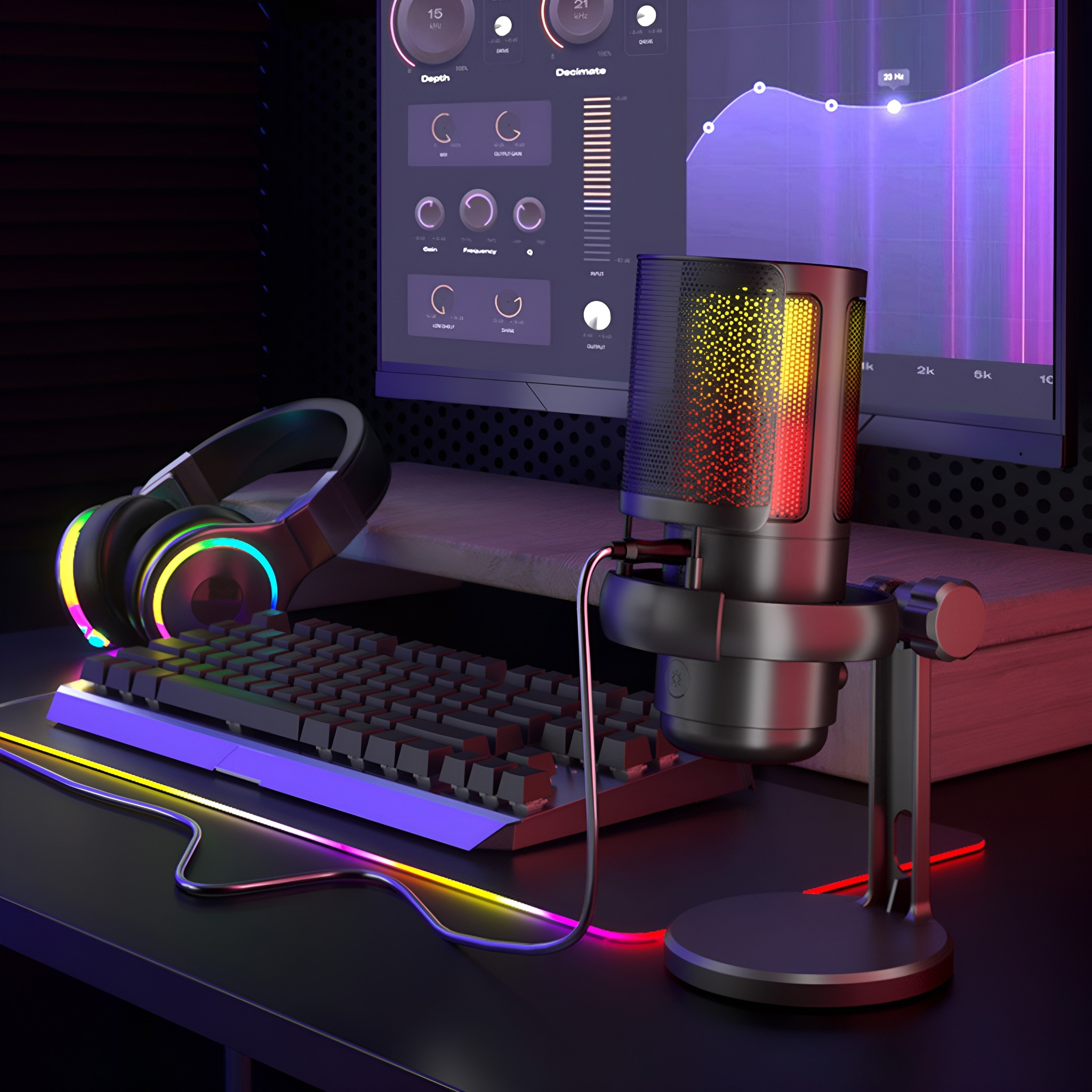Ein schwarzes Mikrofon mit Regenbogenlichtern, eine Tastatur, Kopfhörer und ein Monitor mit Audio-Wellen.