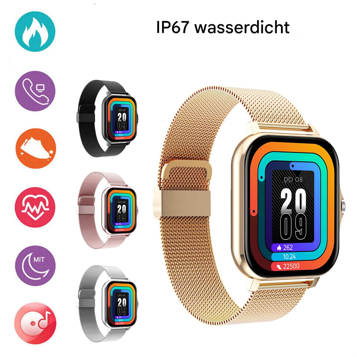 Eine goldene Smartwatch an einem goldenen Mesh-Armband mit mehreren anderen Smartwatches.
