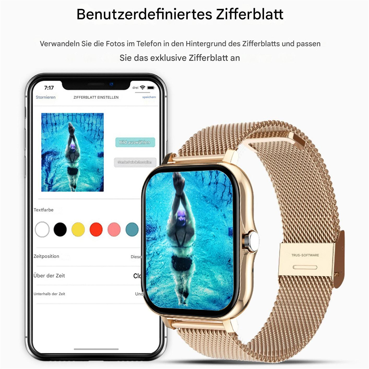 Eine goldene Smartwatch mit anpassbarer Oberfläche, neben einem Smartphone dargestellt.
