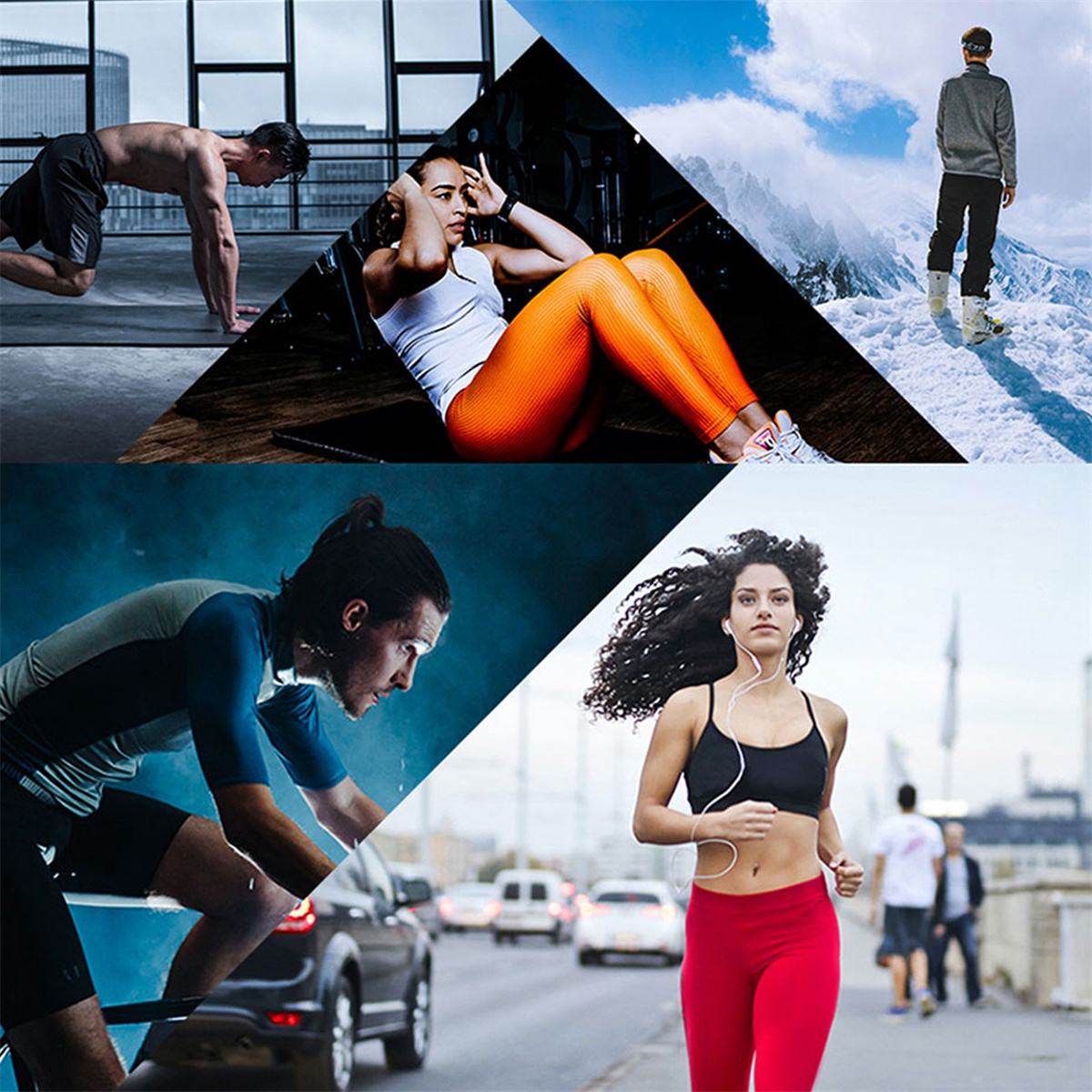 Eine Collage von Menschen beim Sport: Liegestütze, Bauchmuskeltraining, Snowboarden, Laufen und Radfahren.