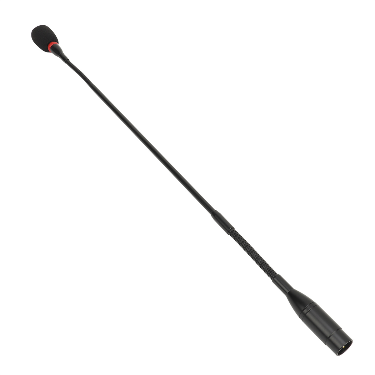 Schwarzes Schwanenhalsmikrofon mit roter Spitze und Stecker.