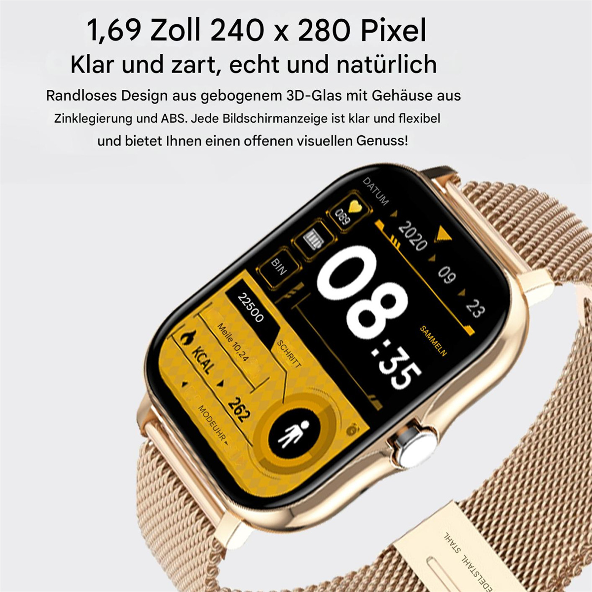 Eine Smartwatch am Handgelenk zeigt Daten an. Die Uhr ist golden und hat ein Mesh-Armband. Das Display zeigt Info.