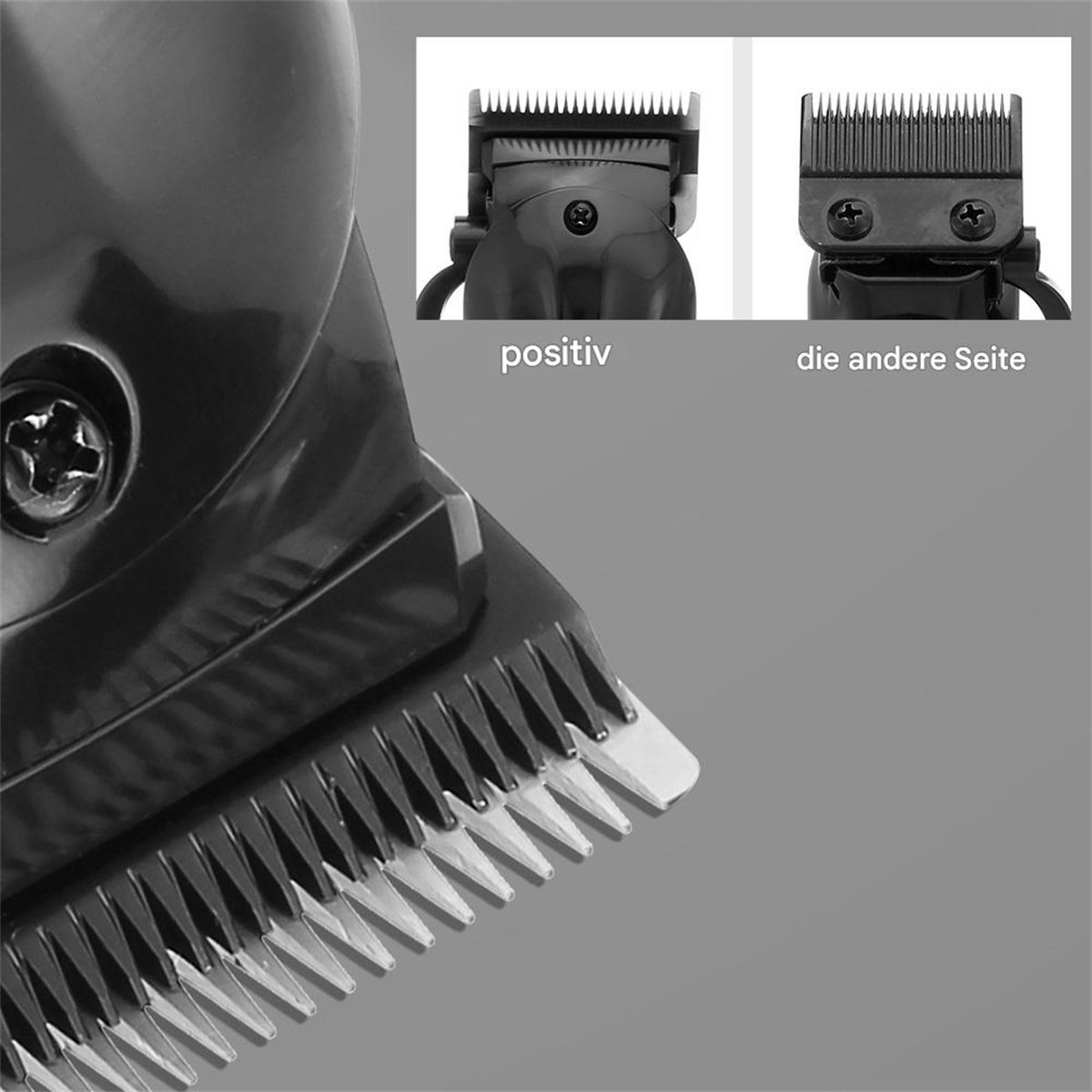 Nahaufnahme einer schwarzen Haarschneidemaschinenklinge. Zeigt die 'positive' Seite und die andere Seite. Grauer Hintergrund.