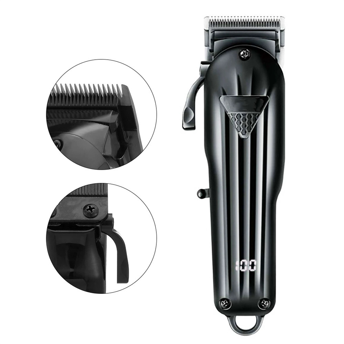 Schwarze Haarschneidemaschine mit Nahaufnahme der Klinge und des Einstellhebels.